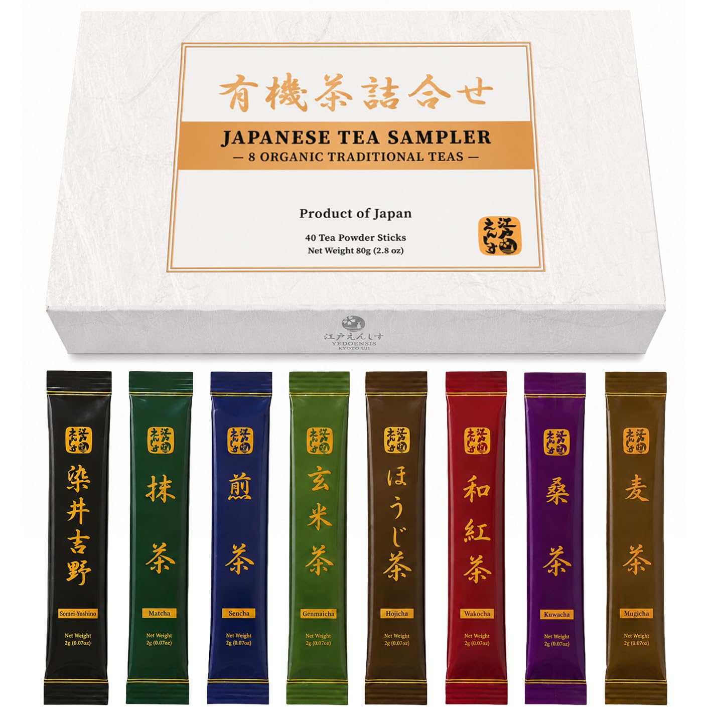 YEDOENSIS KYOTO Japanese Tea Sampler - Organic Powders, 40 Sticks (2.8 oz) Variety Sampler 2.8 Ounce