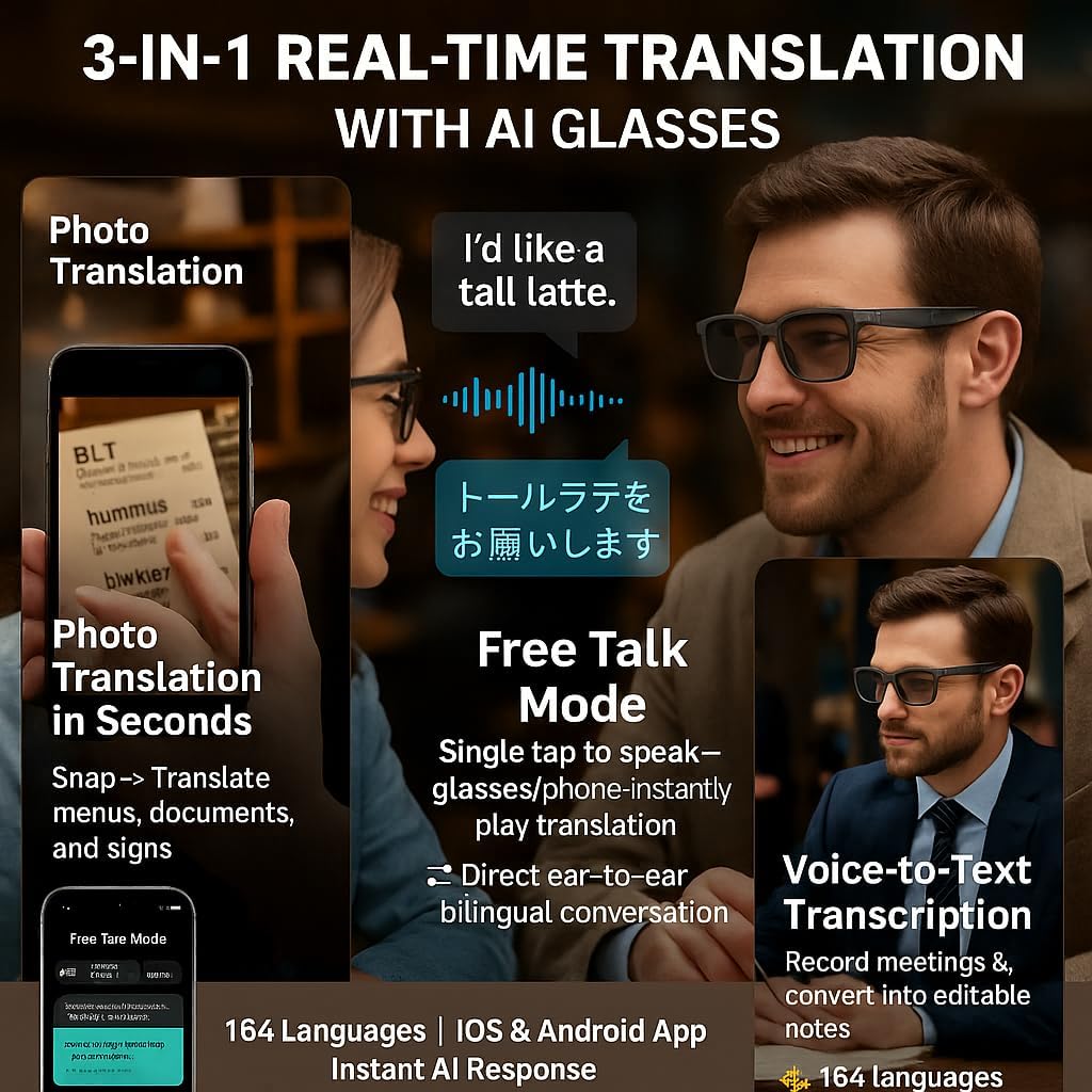 Infographic showing 3-in-1 real-time translation features: photo translation, free talk mode, and voice-to-text transcription