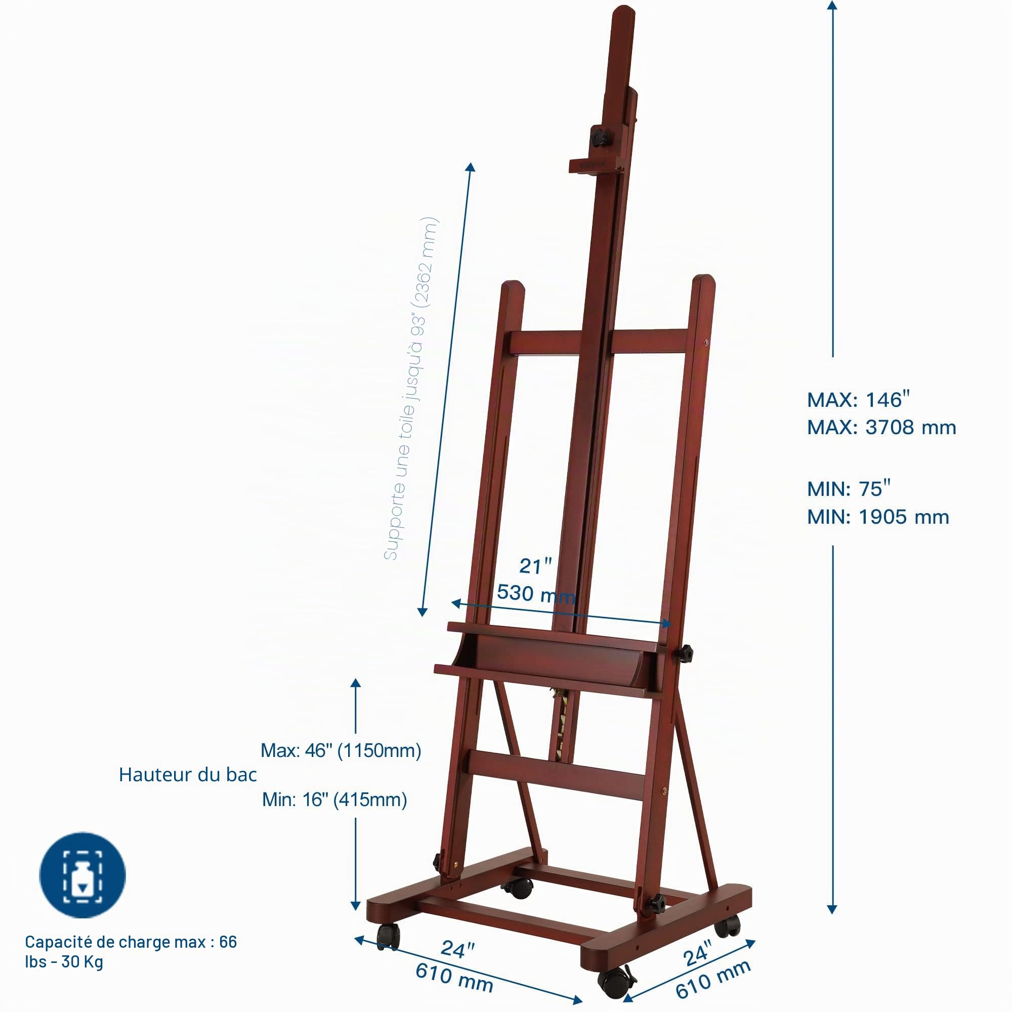 VISWIN Chevalet Peinture en H Élargi, Chevalet Grand et Réglableen Bois de Hêtre avec 4 Roues & Plateau, Professionnel d'Atelier pour Adultes, Artistes