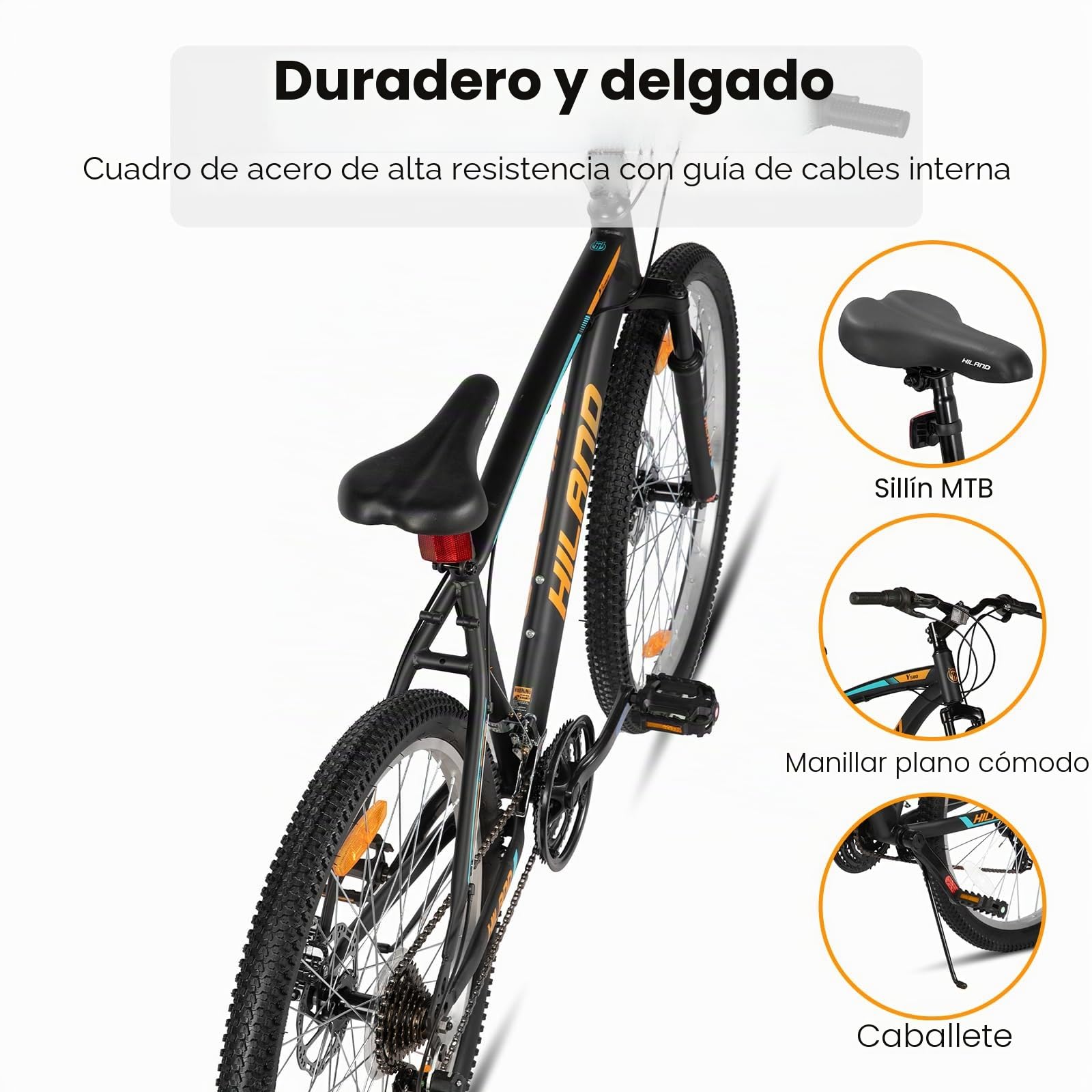 HILAND Bicicleta de Montaña 26/27,5”, 18 Velocidades, MTB para Hombre y Mujer, Doble Freno de Disco, Horquilla con Suspensión, Bicicleta para Adultos, Naranja/Amarillo