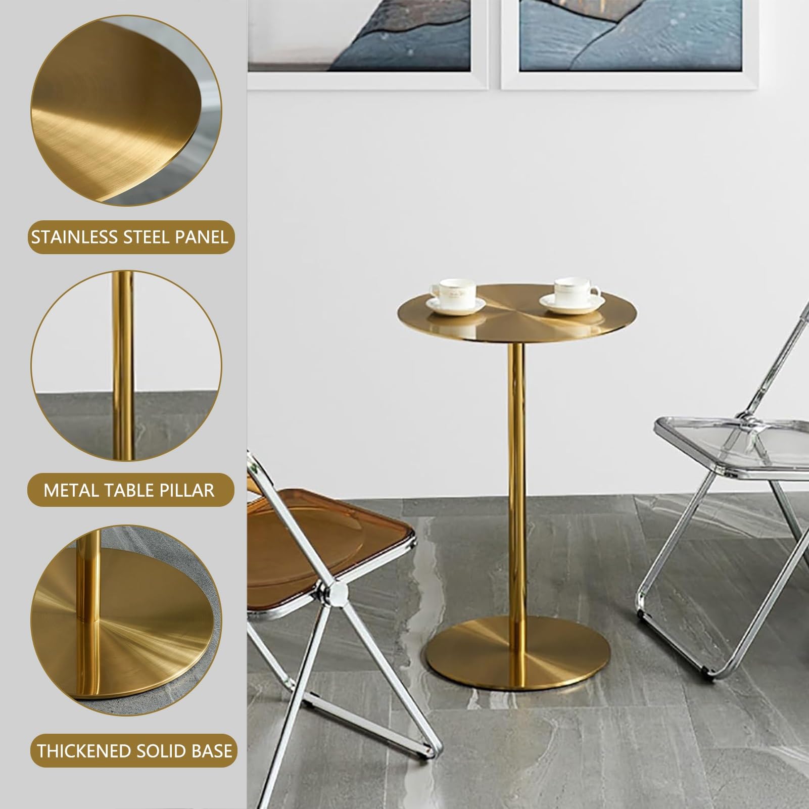 Runder Beistelltisch Goldener Couchtisch, Edelstahl-Bartisch Cocktail-Bistrotisch Esstisch für Küche Wohnzimmer Schlafzimmer Balkon (Size : 60x60x75cm)