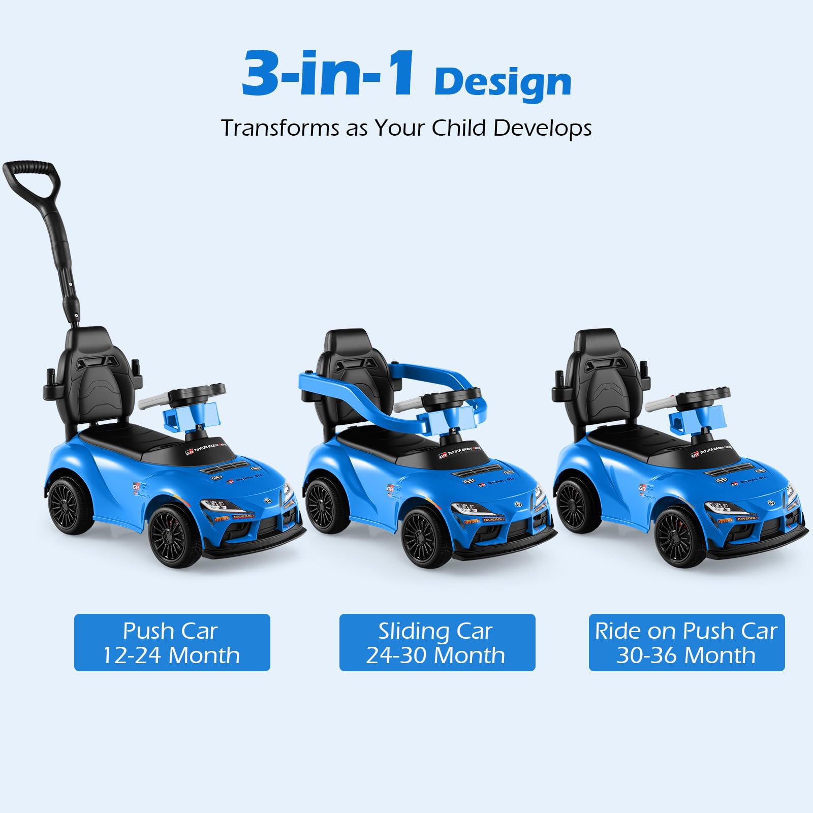 Licensed Toyota Ride on Push Car for Toddlers by INFANS, 3 in 1 Walking Sliding Toy with Removable Guardrails and Handle, Music, Under Seat Storage for Kid (Blue) - 4