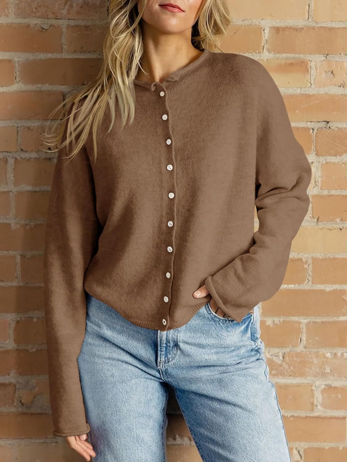 Saodimallsu Womens Button Up Cardigan Sweaters Long Sleeve Crew Neck Fall Soft Lightweight Knit Loose Sweater Tops - Image 2