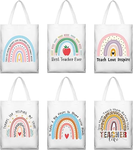 6 bolsas de lona reutilizables para profesores, regalos de agradecimiento para profesores, suministros de regreso a clases para mujeres, profesoras