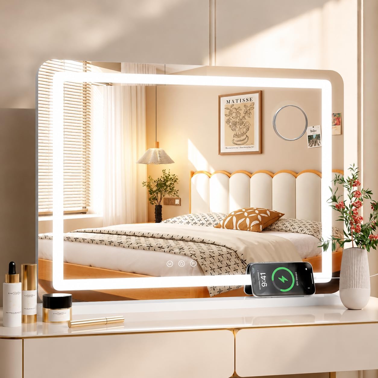MAMIZO Make-up Mirror with Lighting, 50 x 40 cm, with USB and Type-C Large Hollywood Mirror, 10x Magnifier, 3 Colour Temperatures, Wall Mirror, Table Mirror, with Touchscreen Control, Mirror with