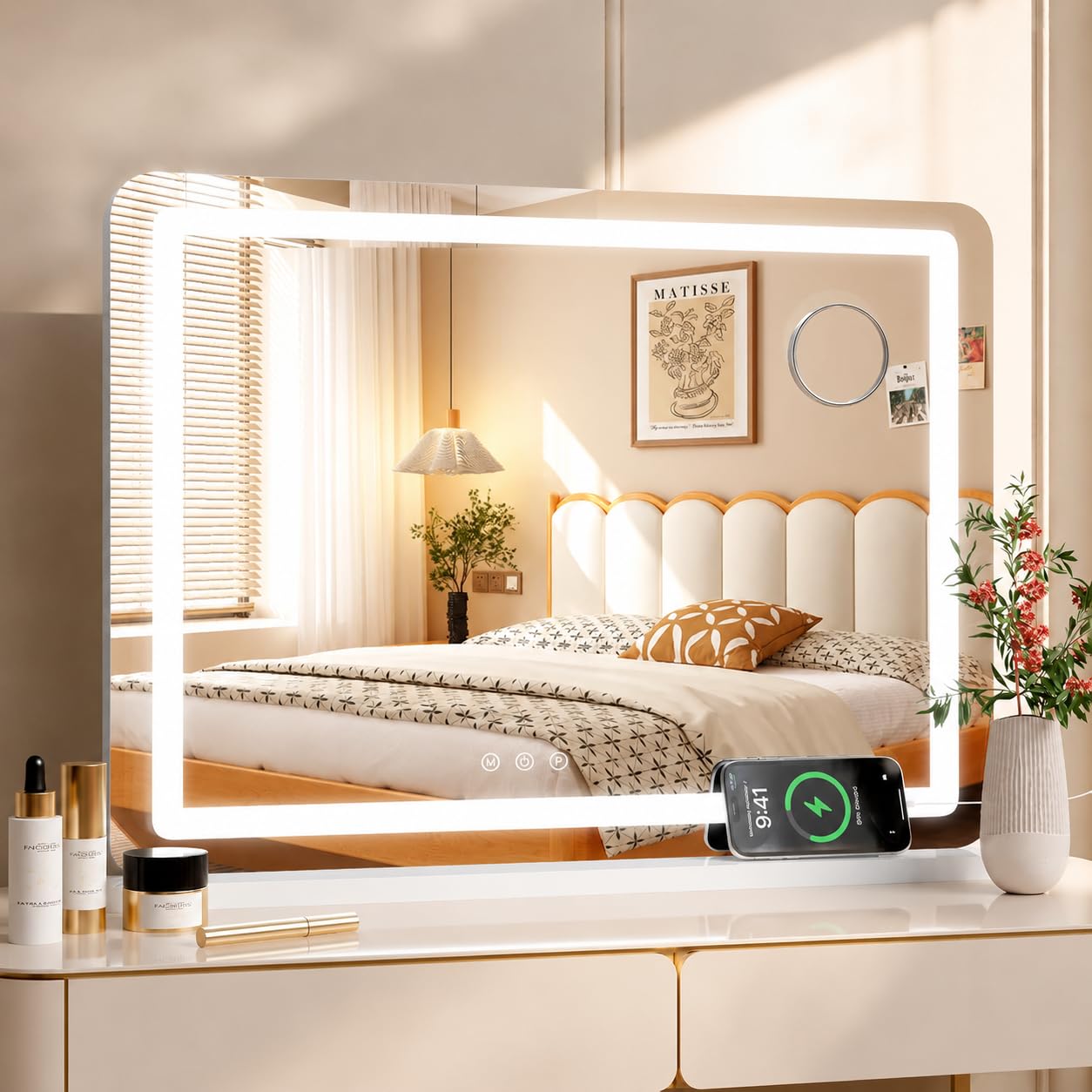 MAMIZO Specchio trucco con luci 50 x40 cm, Specchio da toeletta, con USB e Type-C, touchscreen, 3 temperature di colore, lente d'ingrandimento 10x, Specchio da parete, Specchio da tavolo