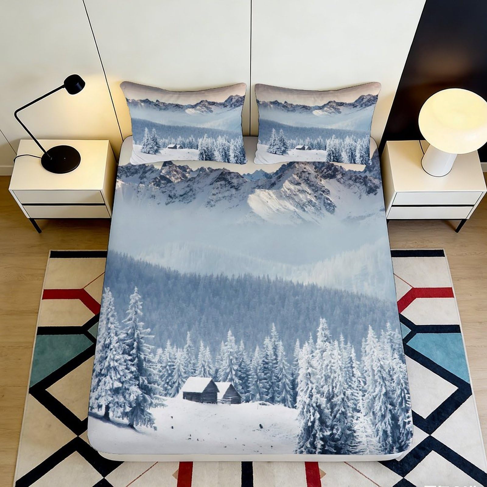 3D Printed Winter Mountain Fitted Sheet Microfiber Soft Snow Forest Bed Cover for Bedroom Guest Room Decor 90x200x25cm