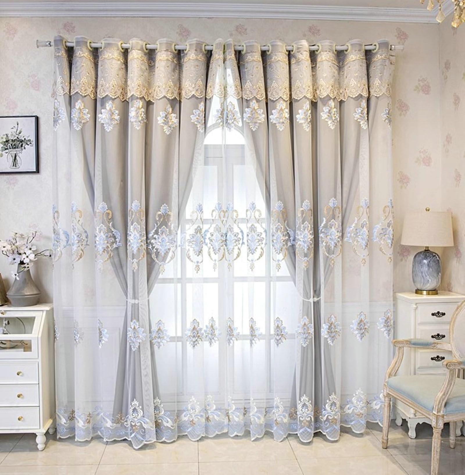 Verdunkelungsvorhänge, Grau 135x270cm Doppelschicht mit europäisch gesticktem Vorhang Blickdicht Thermovorhang Vorhänge Wohnzimmer Schlafzimmer, Ösen