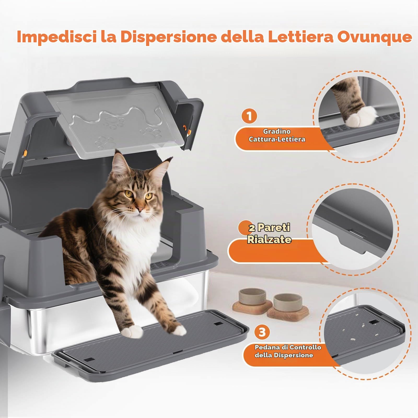 Homegroove XXXL - Lettiera per gatti in acciaio inox con coperchio, 70 x 50 x 45 cm, extra grande, con pala e pedale, in metallo chiuso, per gatti di grandi dimensioni e casette, anti-beccuccio