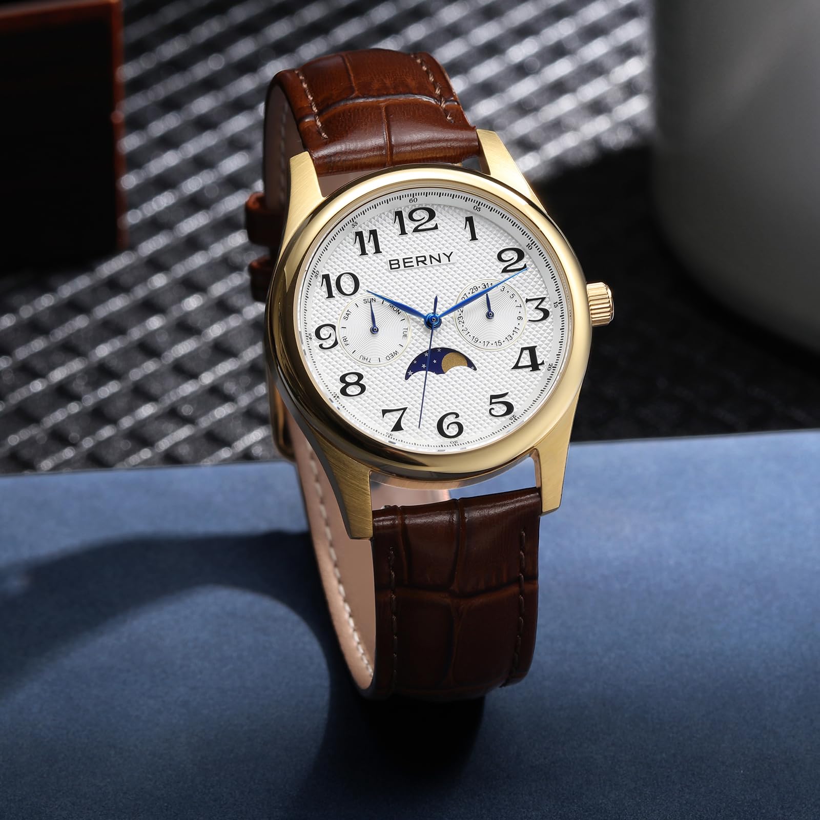 BERNY Reloj para Hombre Cuarzo Fase Lunar Masculino Reloj de Pulsera Dial Analógico de Fácil Lectura con Números Arábigos