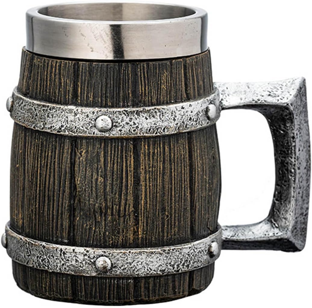 Thermal Retro Beer Cups with Woodgrain Finish Nonrust Steel Resin-Reinforced Design for Camping Entertaining Large Thermal Beer Mugs for Gatherings