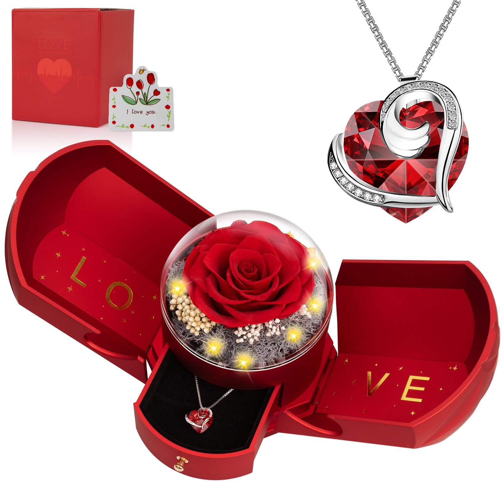 Preserved Real Red Rose with Necklace -Mothers Day Gifts for Mom Her Wife Girlfriend Women Grandma on Valentines Mothers Day Sweetest Day Christmas Anniversary Romantic-Red