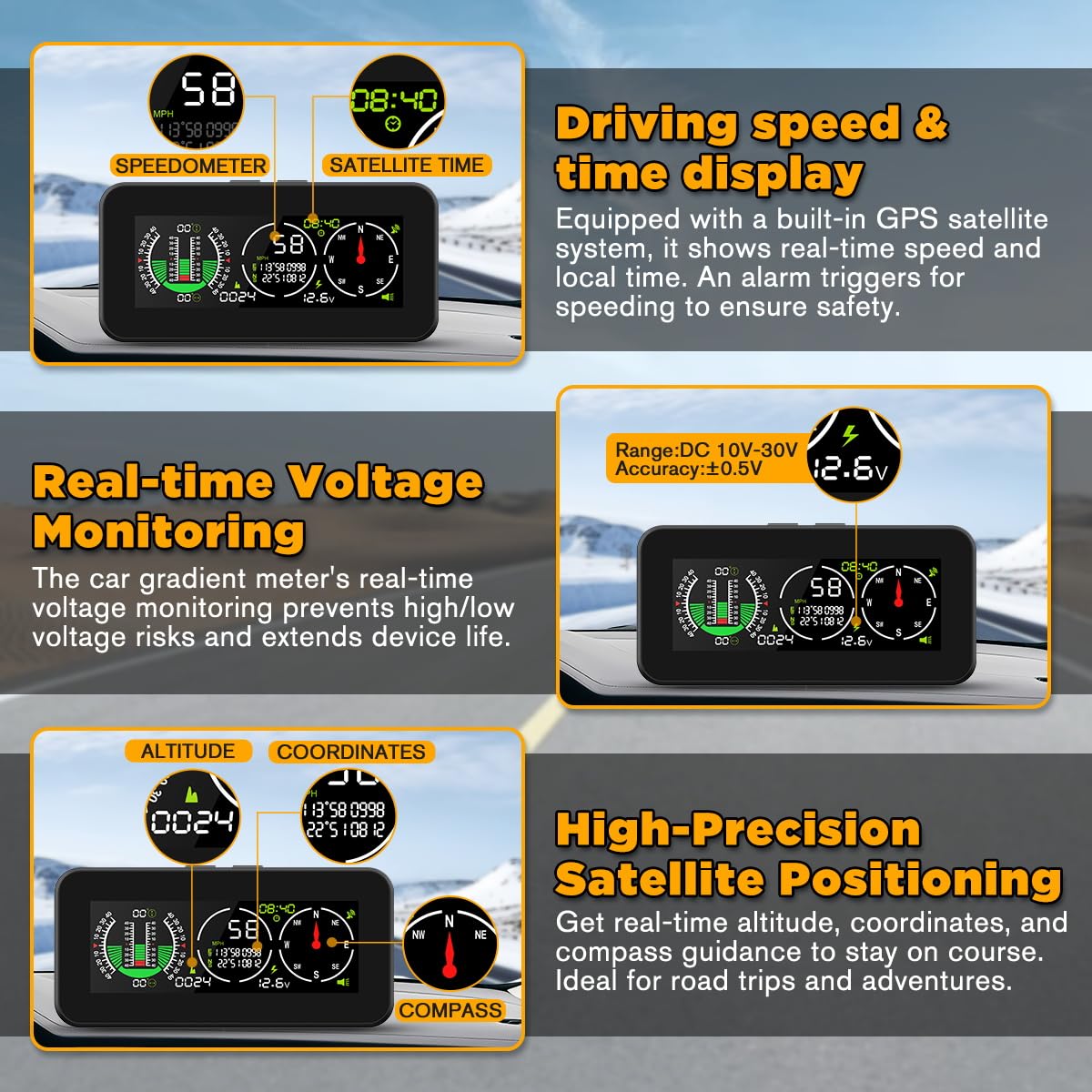 Auto Inclinometro Digitale GPS HUD Pitch Angle Slope Meter MPH Speedometer con Bussola per Veicoli Fuoristrada SUV