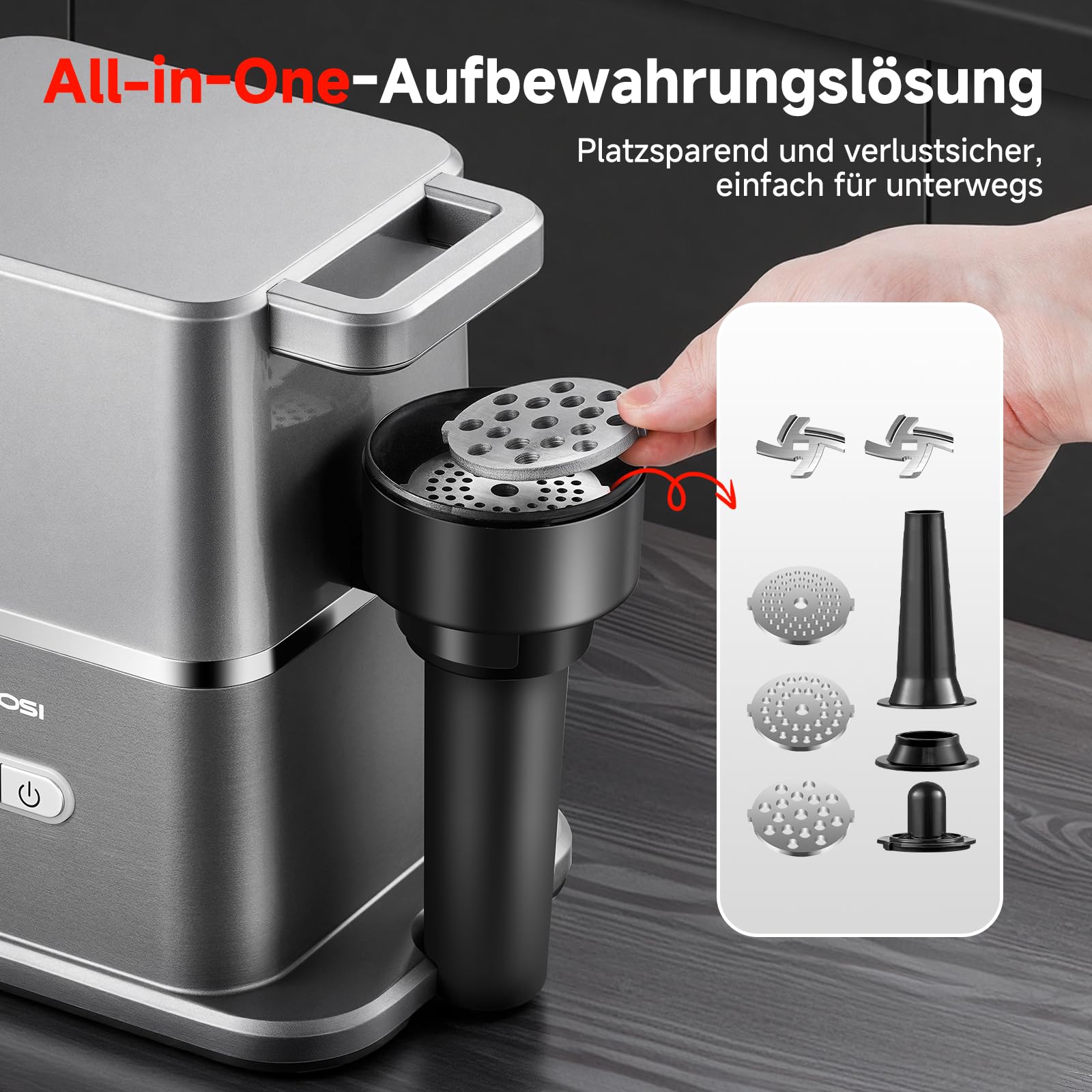AAOBOSI Leiser Fleischwolf Elektrisch, 3000W Max Mit DC-Motor, Nur 60 dB, Auto-Rücklauf & Verstaubarem Stopfer-3 Geschwindigkeitsstufen, Zum Wolfen, Wurst-Und Kibbe-Herstellen, Für Den Hausgebrauch