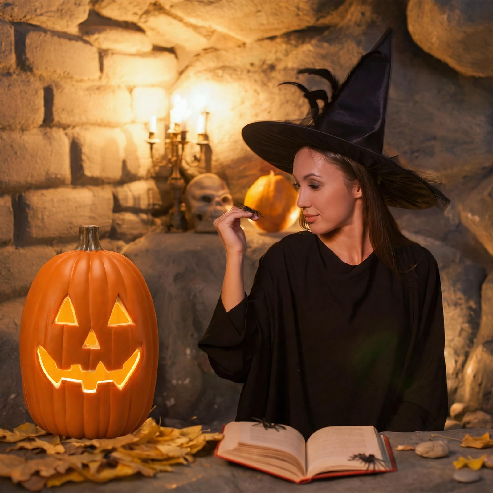 Huquary Lanterna a forma di zucca di Halloween, 40,6 cm, in plastica, con illuminazione a forma di zucca con LED spettrale, decorazione per Halloween, Ringraziamento, autunno, da tavolo, comodino