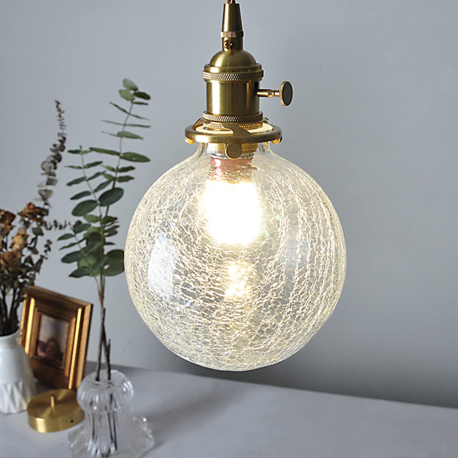 Petite lampe suspendue en verre craquelé et lustre rétro nordique de chevet