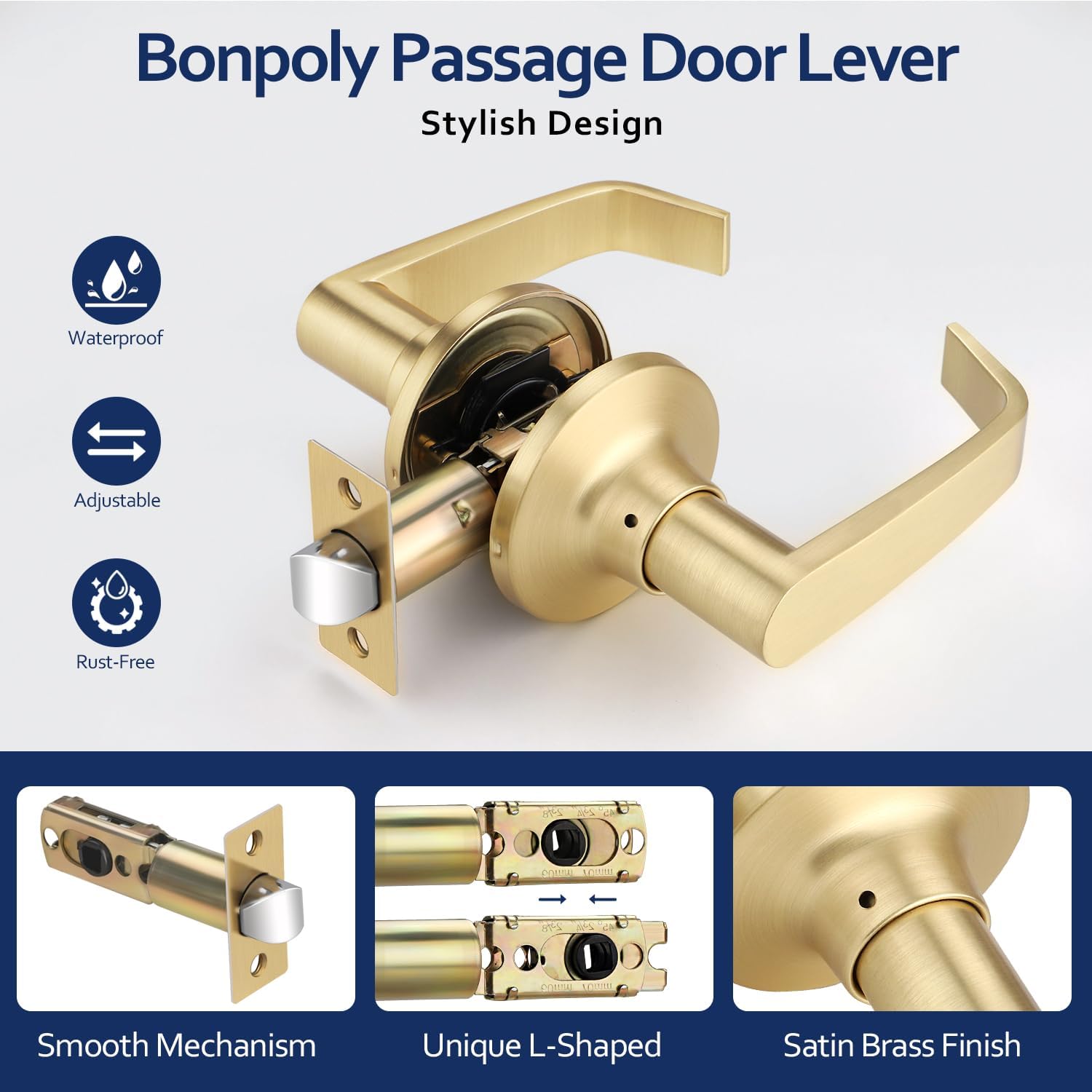 Gold Door Handles No Lock, 2 Pack Interior Door Knob, Closet Door Handles, Hall Door Knob Passage Function, Satin Brass Door Knobs, Reversible for Left/Right Opened Doors, Modern Door Lever