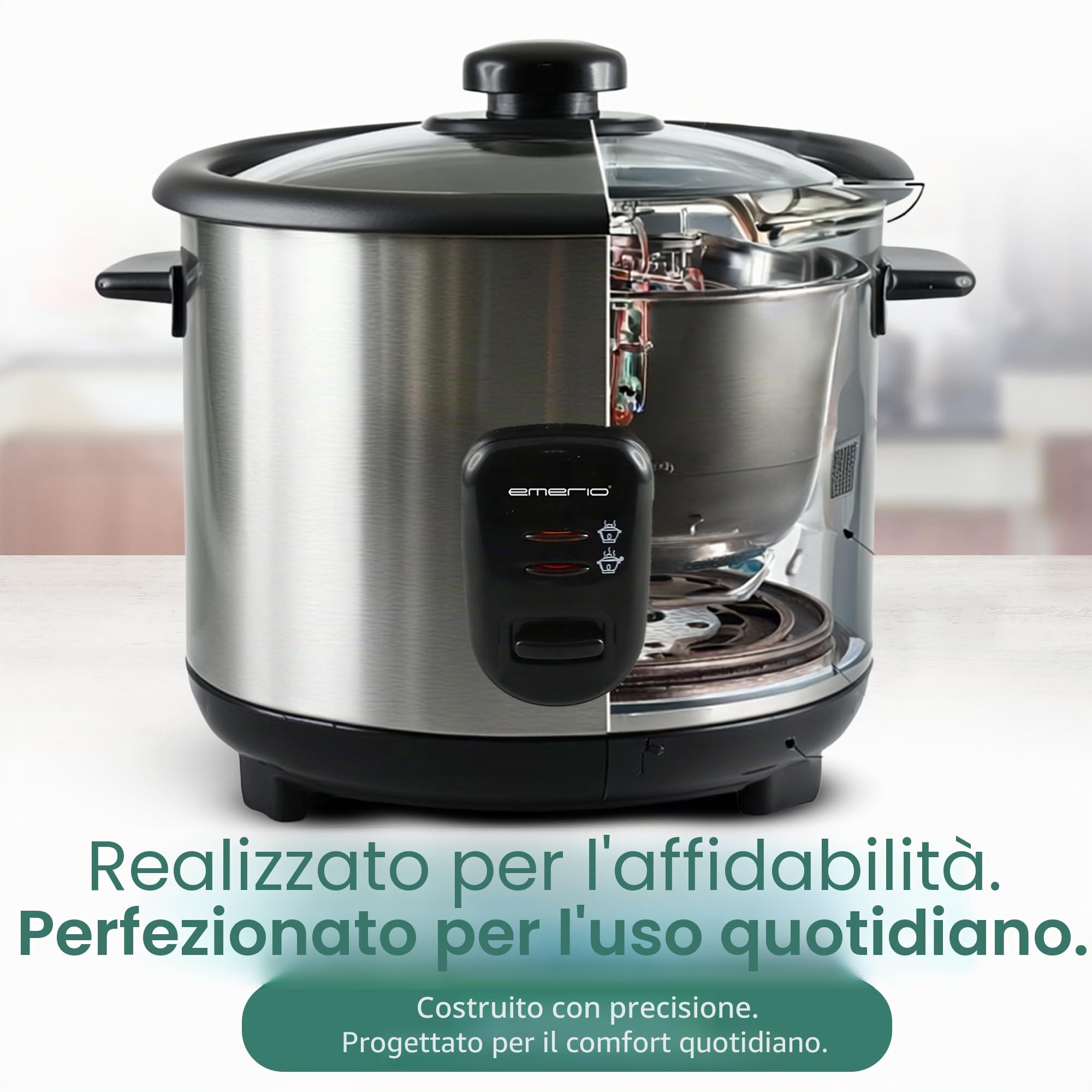 EMERIO Cuociriso automatico Eco | volume 1,5 l | funzione di mantenimento del calore | spegnimento automatico | rivestimento antiaderente | coperchio in vetro | con cucchiaio di riso + misurino |