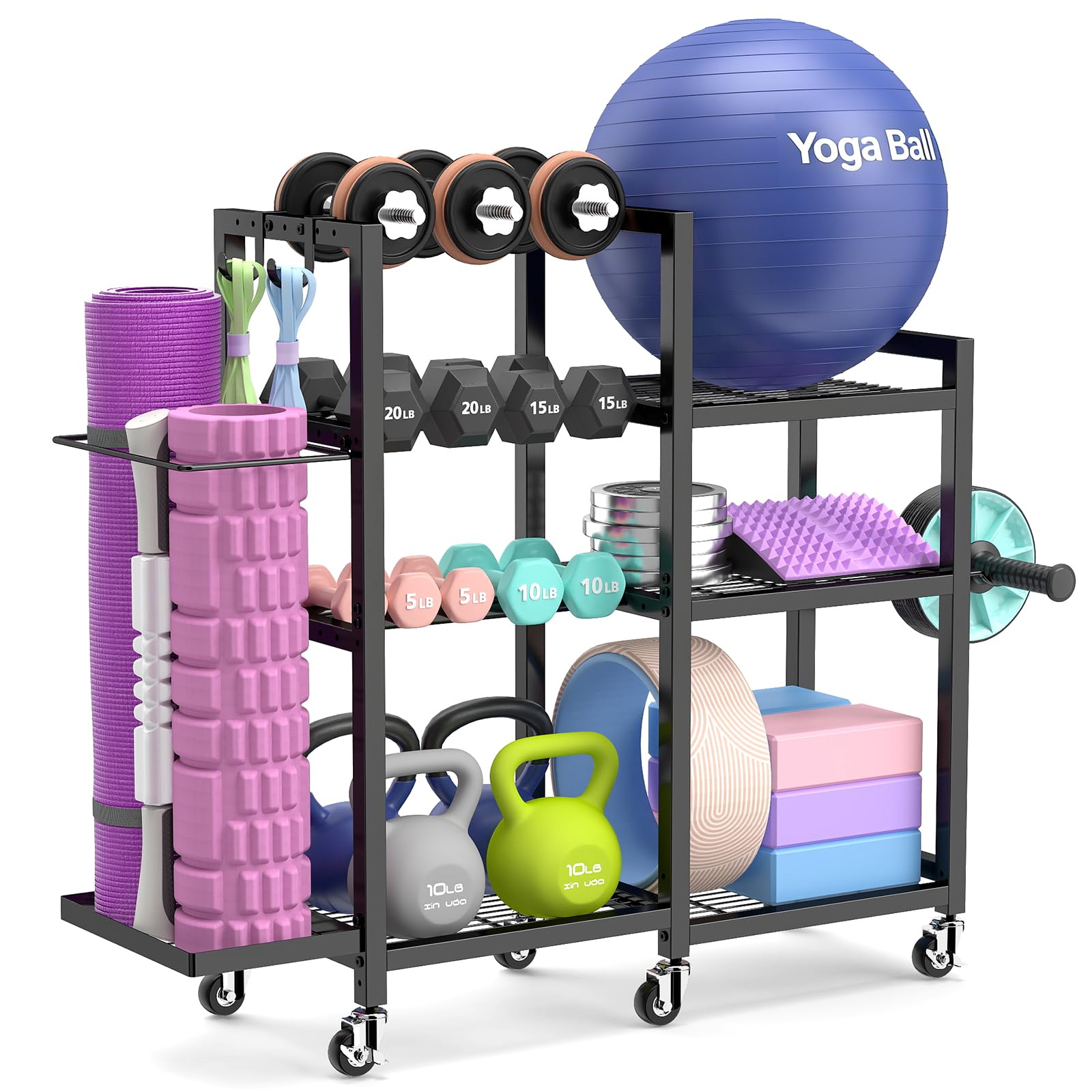 ikkle Home Gym Storage Rack with Wheels, 7-Tier Adjustable Dumbbell Weight Rack, Heavy Duty Weight Storage Stand, Gym Equipment Organizer for Dumbbells, Kettlebells, Yoga Mat, Workout Equipment, Black