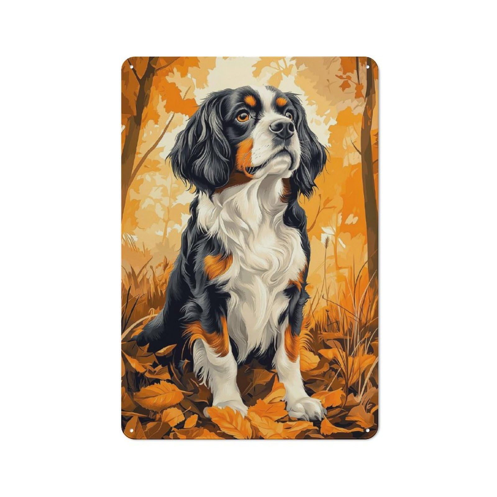 Retro Metal Wall Sign 30x20cm with Cavalier King Charles Spaniel in Autumn Leaves for Hallway Wall, Gift for Wall Display Collectors during The Christmas Season