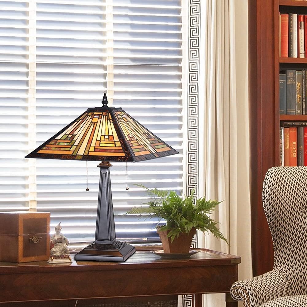 Hоt Dеаlѕ Cotoss Tiffany Table Lamp 16 Wide Handmade Stained Glass Lamp Shade 2 Light Amber Mission Style Vintage Table Lamp for Living Room Bedroom