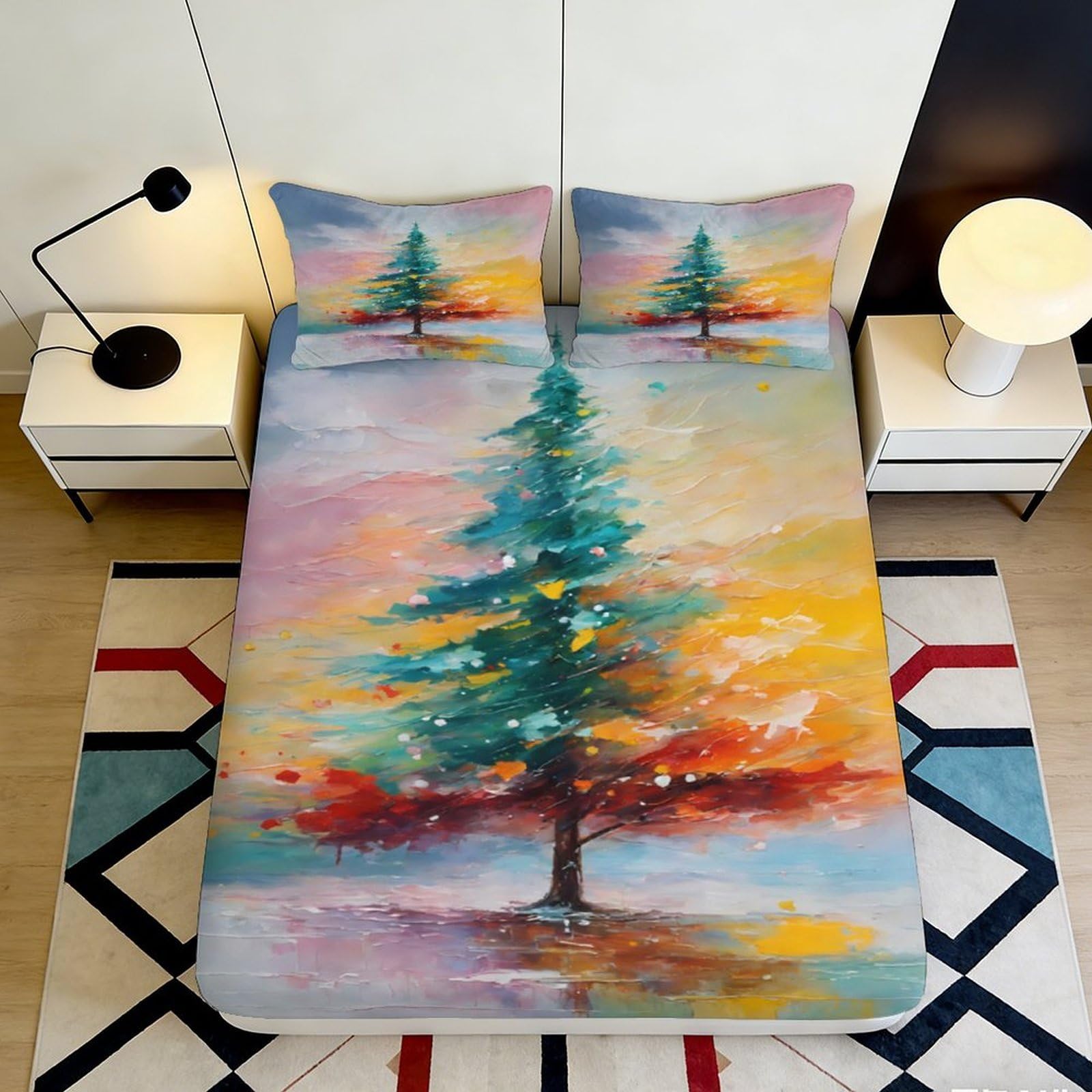 Jqzkxnhpbr Style-6 3D Printed Pine Tree Sunset Fitted Sheet Microfiber Soft Artistic Landscape Mattress Cover Bedroom Decor 90X200x25cm