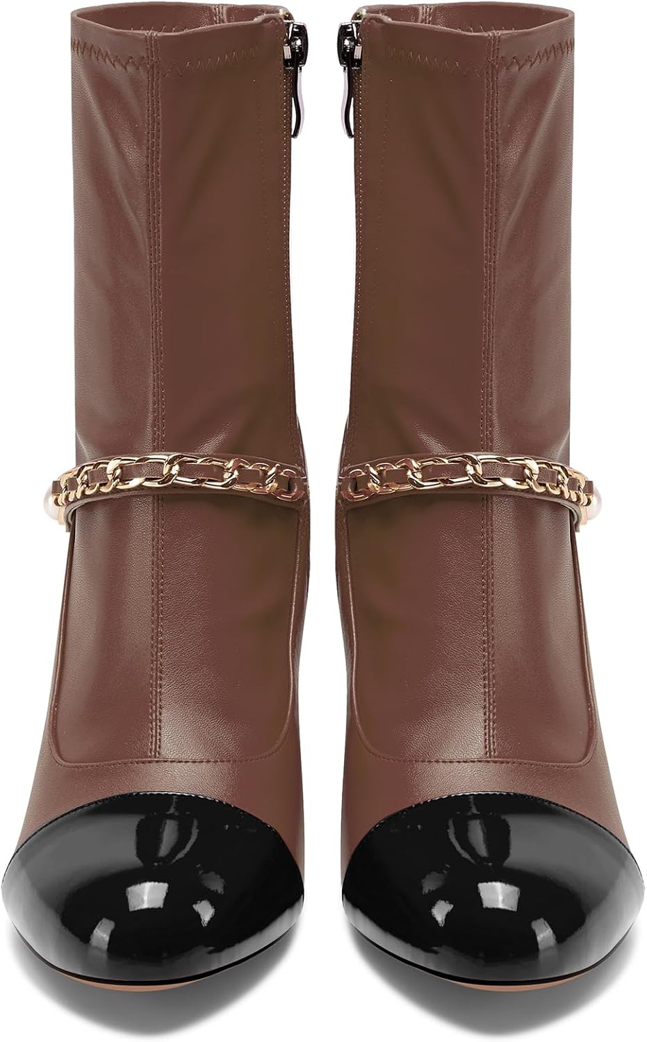 DearOnly Womens Block Heel Dress Patchwork Metal Chain Slip-on Ankle Boots Short Bootie Cute Pearls Round Toe Prom Casual Zipper Boots