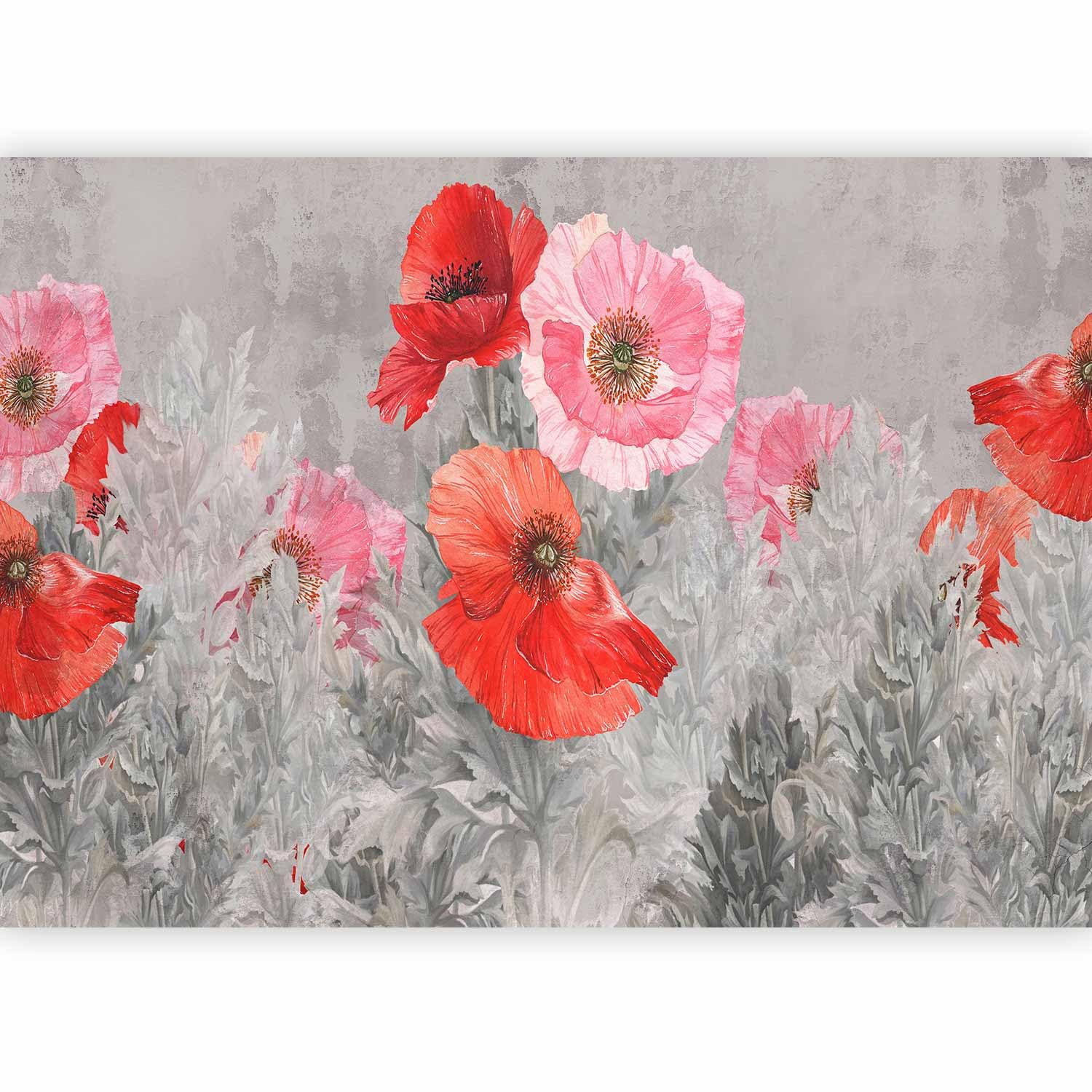 Papier peint panoramique pour agrandir une pièce motif coquelicots rouge gris