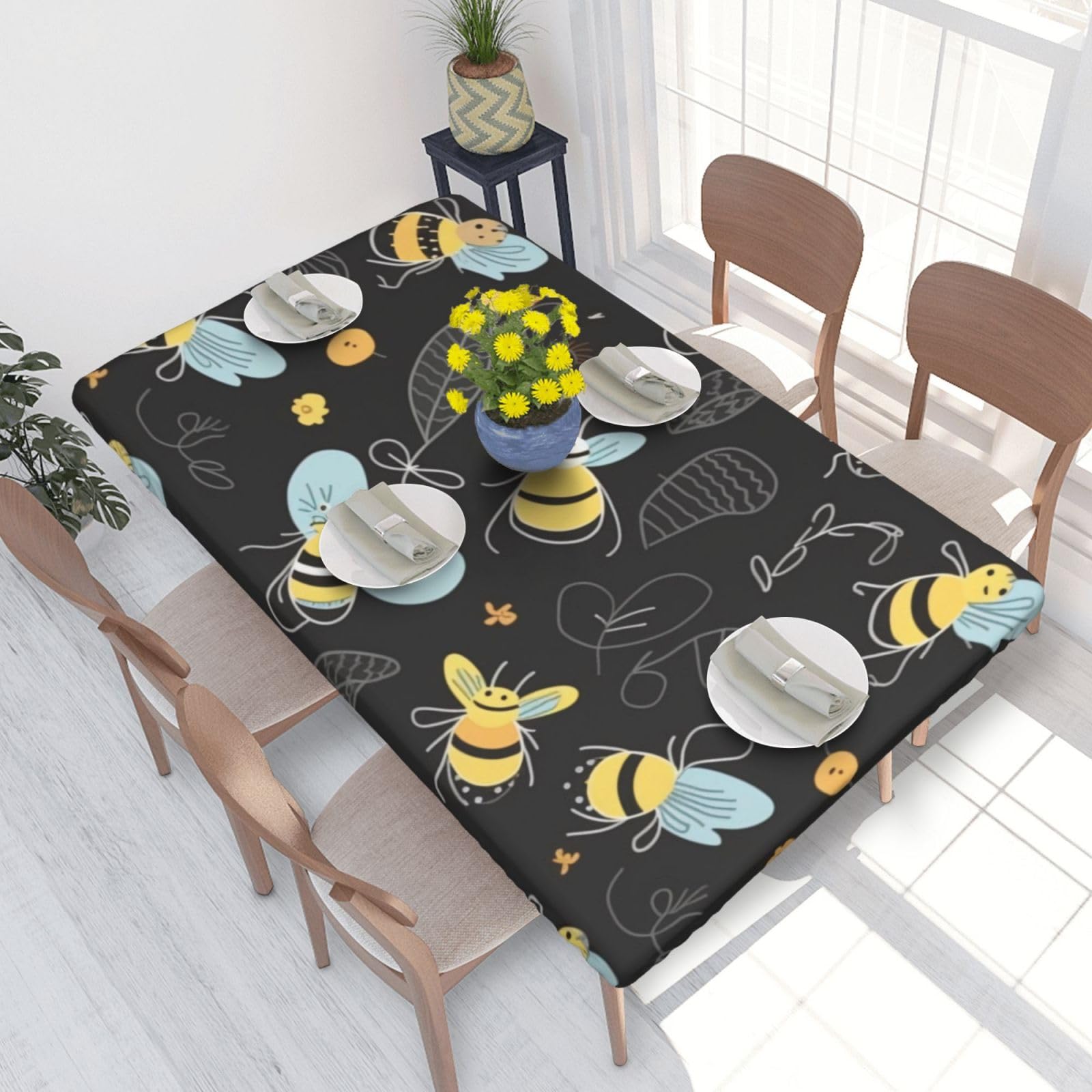DCARSETCV Bees Printed 4FT Waterproof Tablecloth with Elastic Edged Protect & Decor Your Table, Oil-proof Washable Table Cloth Cover for Dinner Picnic Party