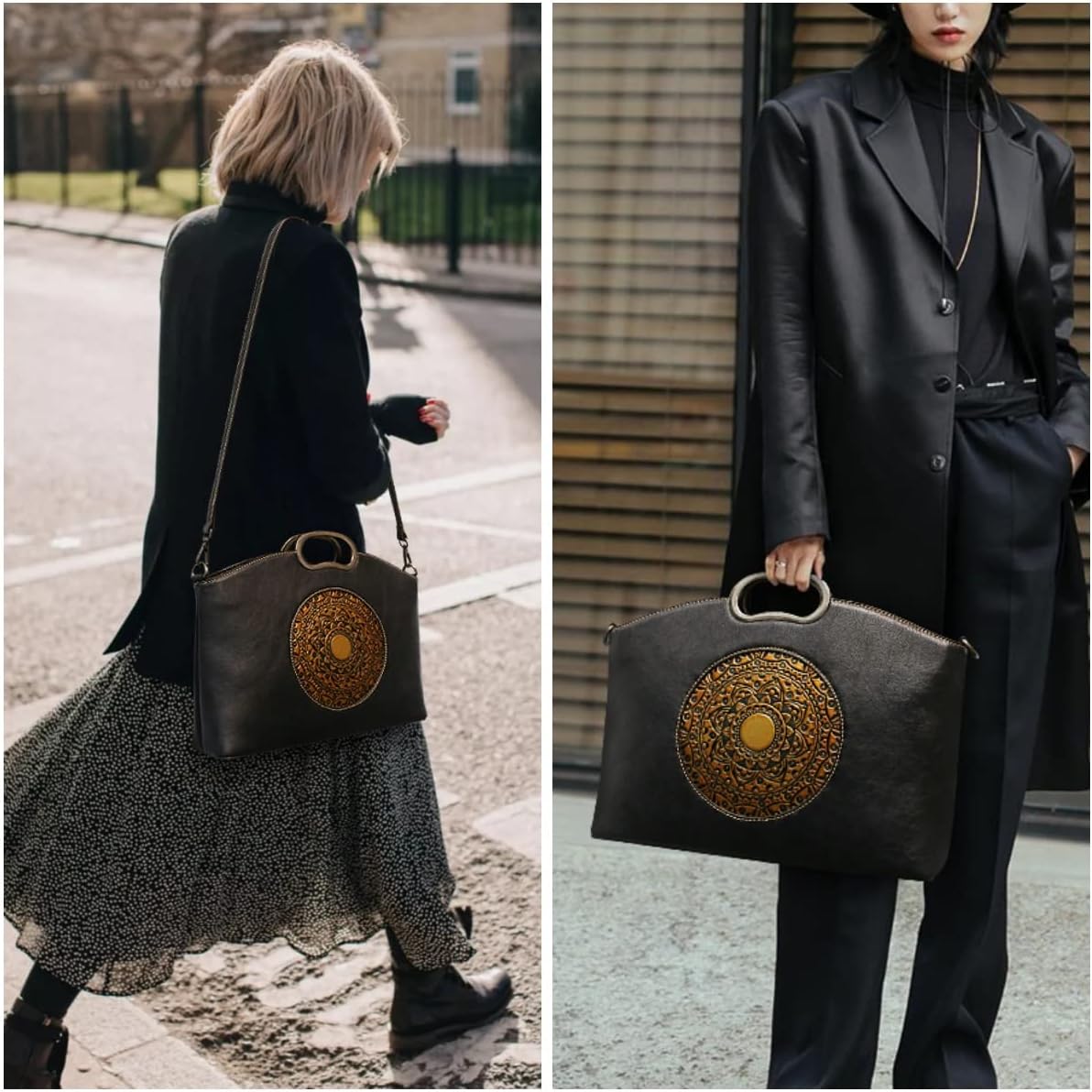 Genuine Leather Handbags for Women, Organizer Crossbody Bag Large Satchel Vintage Embossing Totem Shoulder Bag