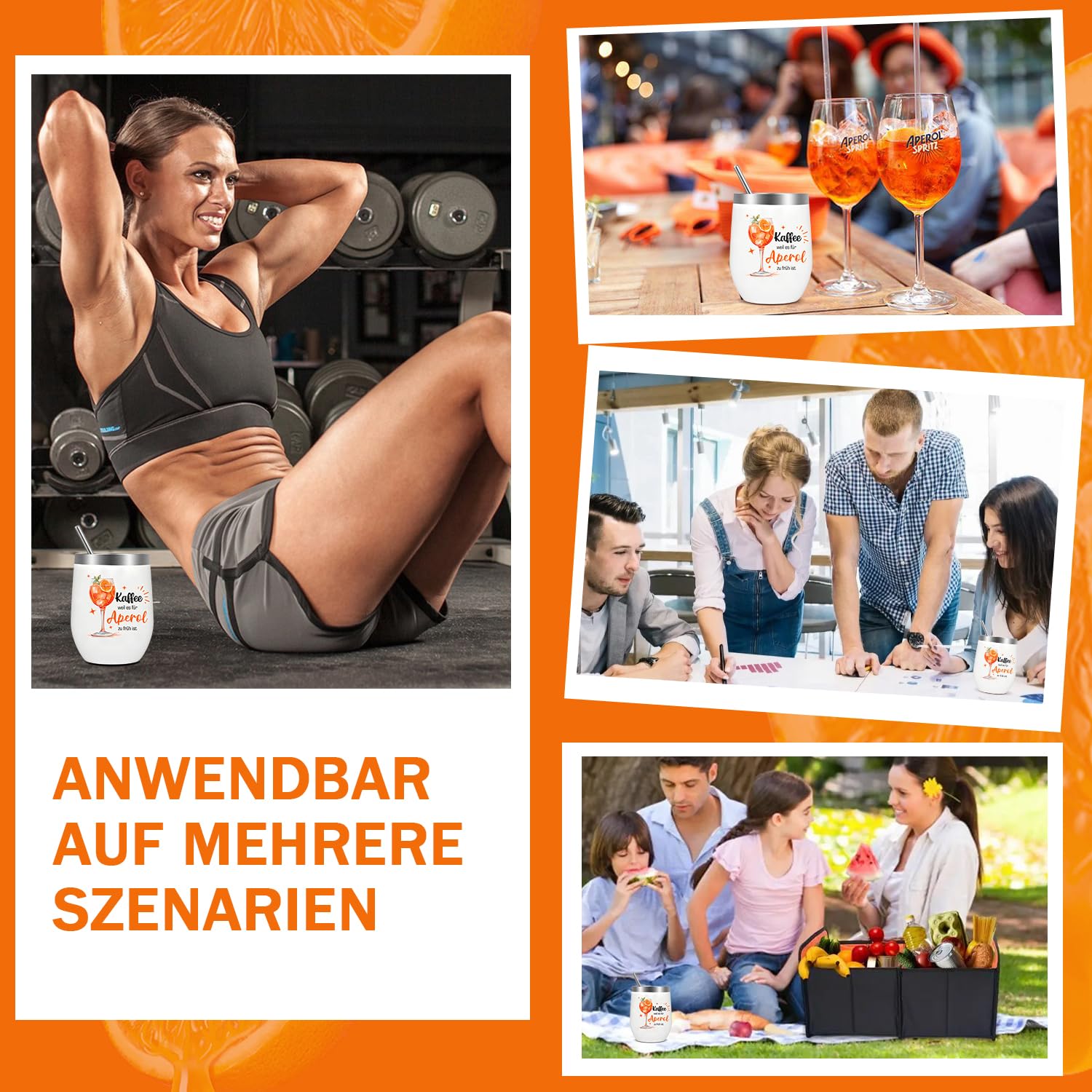 Aperol kubek do wina, stal nierdzewna, 350 ml, owalny, wielokrotnego użytku, podwójne ścianki z izolacją próżniową, dla miłośników aperilu, na imprezę, do baru, kuchni, podróży, prezent dla