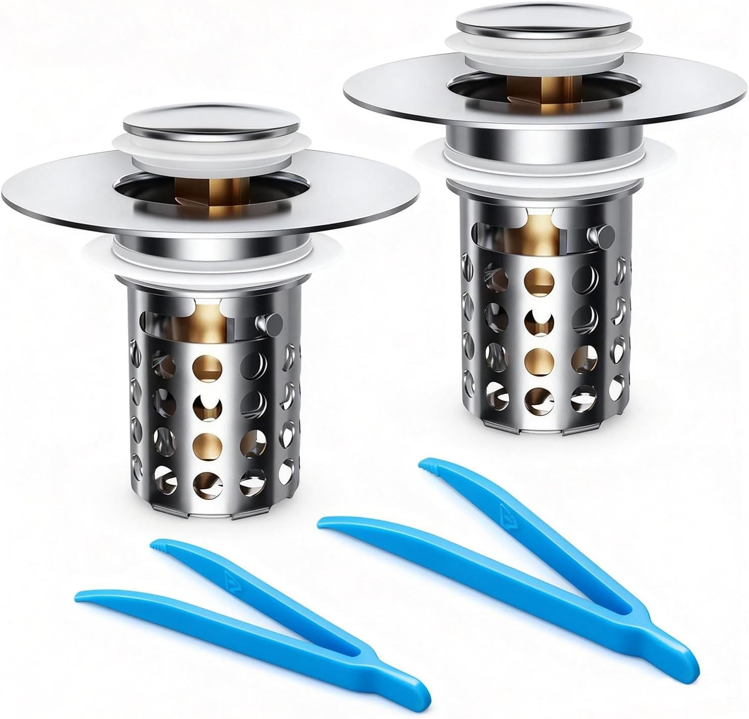 Beruth Bathroom Sink Stopper Hair Catcher, 304 Stainless Steel Pop Up Drain Strainer for 1.1''~2.36'' Basin, Upgraded Silent & Odor-Proof Design, Removable Filter Basket & Easy Install（2 Pcs）
