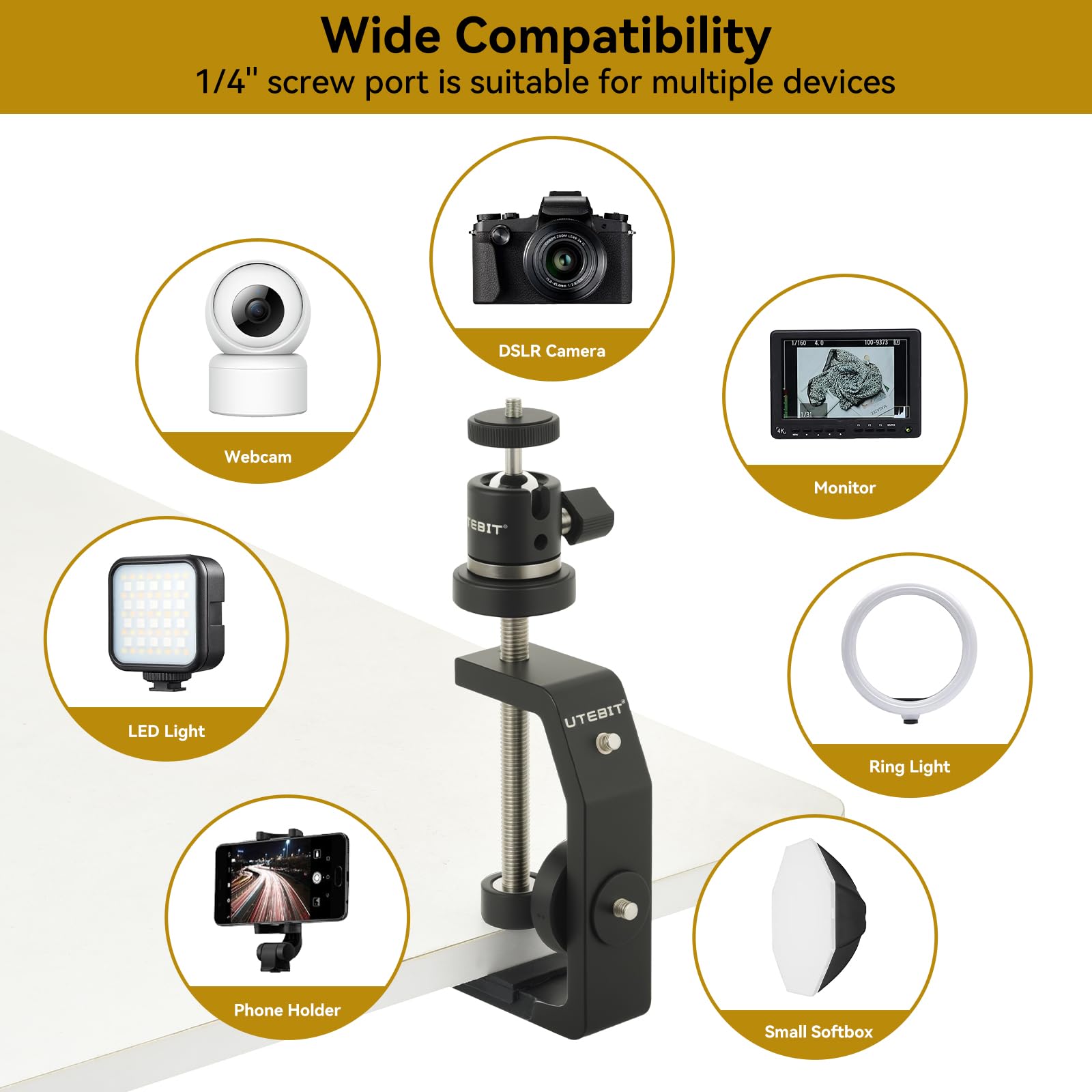UTEBIT Pince Accroche Caméra de Vis 1/4 + Mini Rotule Pivotante à 360° Support Orientable Caméra en Alliage d'Aluminium Charge Maximale de 3 kg pour Appareil Photo Flash Écran Moniteur Bureau