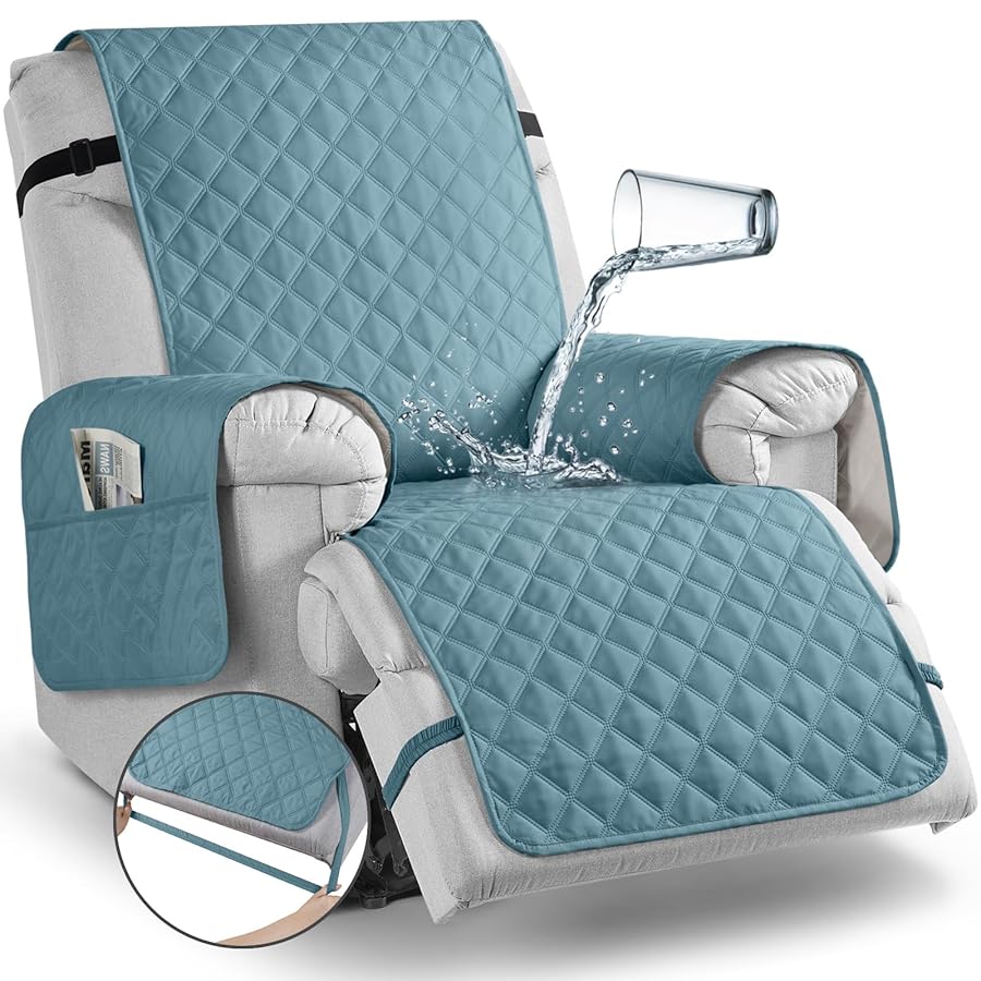 TAOCOCO 100% Waterproof Recliner Chair Covers, Reversible Recliner Covers with Leg Straps, Washable Recliner Sofa Covers for Reclining Chair Furniture Dog Protector with Pocket (Sky Blue, 23.6'') - image 1