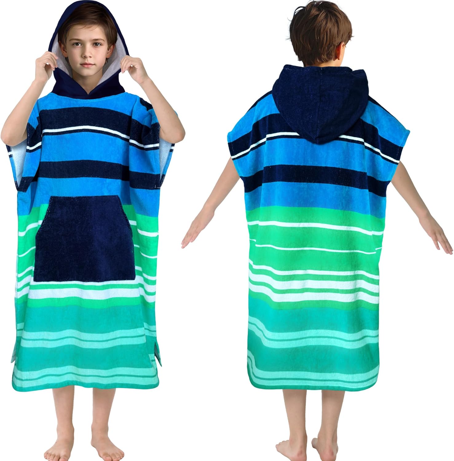 Surf Poncho Towel for Teens & Big Kids (8-14 Years,36"X26") | 100% Cotton Ultra-Absorbent Oversized Hooded Towel Robe with Pocket for Boys | Swim Cover-Up for Pool, Beach, Bath | Blue Striped Design
