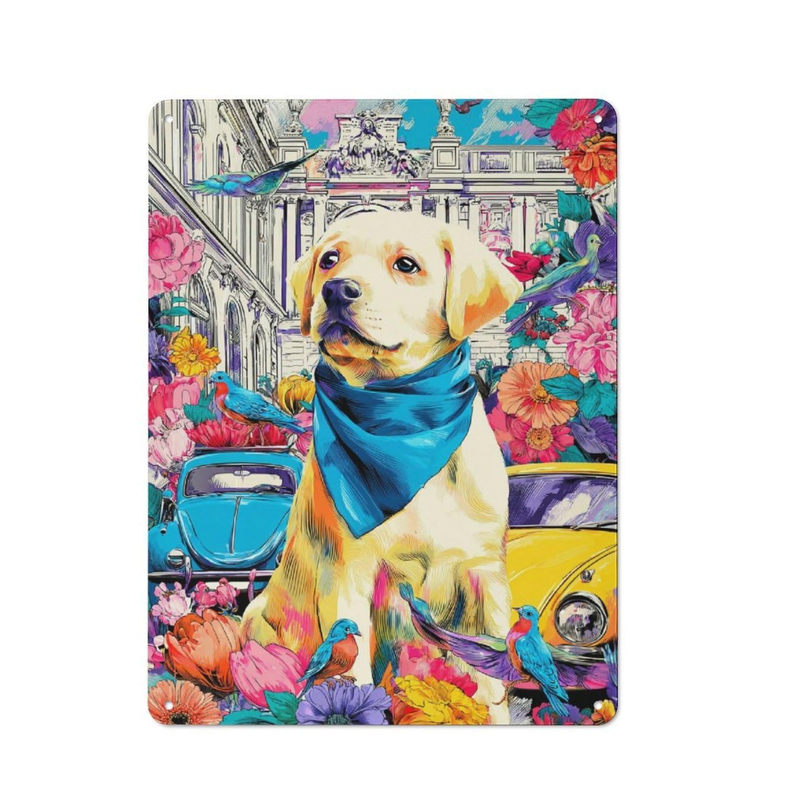Decorative Tin Plaque with Colorful Urban Canine Celebration Design 40x30cm, Classic Novelty Wall Art for Flat, Dorm Room, Lounge Or Cafe