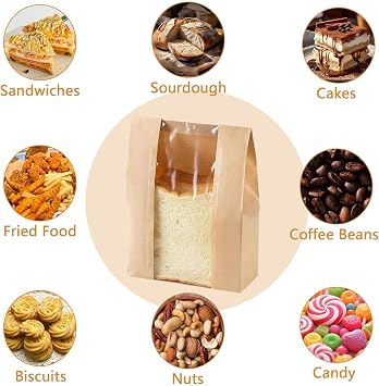 30PCS Kraft Paper Bread Bags with Window, Small Bread Bags for Homemade Sourdough Bread, Mini Bakery Bags for Biscuits Candy Cookies Snacks, Food Grade Bakery Packaging Bags (28 x 21 x 9 cm)