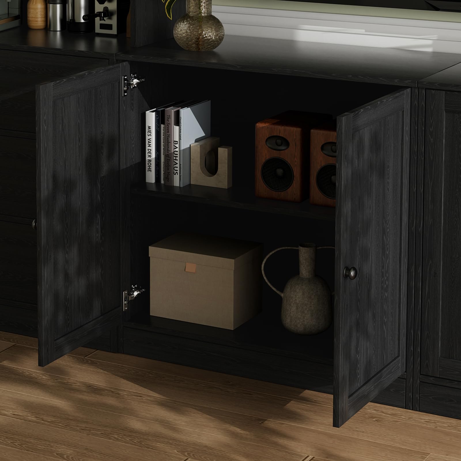 VOWNER Grand Meuble TV Bibliothèque pour Télé jusqu'à 70", 280x180.3x40cm Meuble TV Suspendu avec Portes en Verre et Étagères, Meuble Télé Bois pour Salon, 2B+2E (Noir)