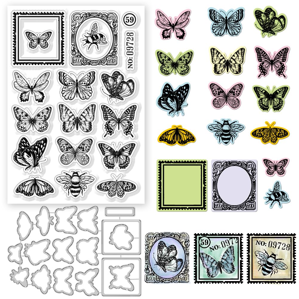 GLOBLELANDVintage Butterfly Bees and Lace Frame Clear Stamps and Cutting Dies Retro Silicone Clear Stamps Cards and Metal Die Cuts for Card Making and DIY Embossing Scrapbooking