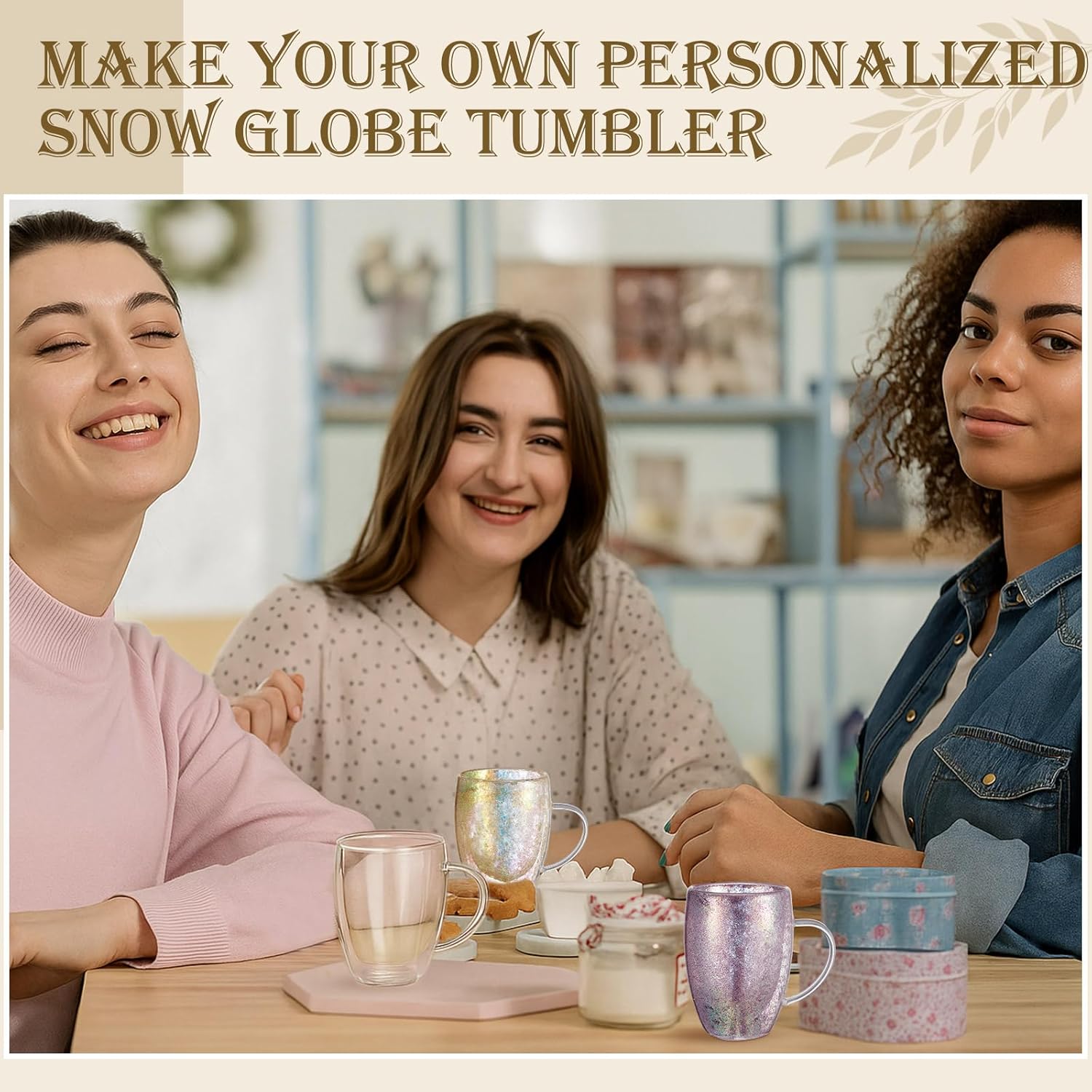 LemonRoad 12 Pack Snow Globe Double Walled Glass Coffee Mugs, Snowglobe Tumbler Cups with Mixing Spoons, Straws, Funnel, Tweezer & Syringe, DIY Glitter Cups Gift for Friends Family(12 oz,Round)