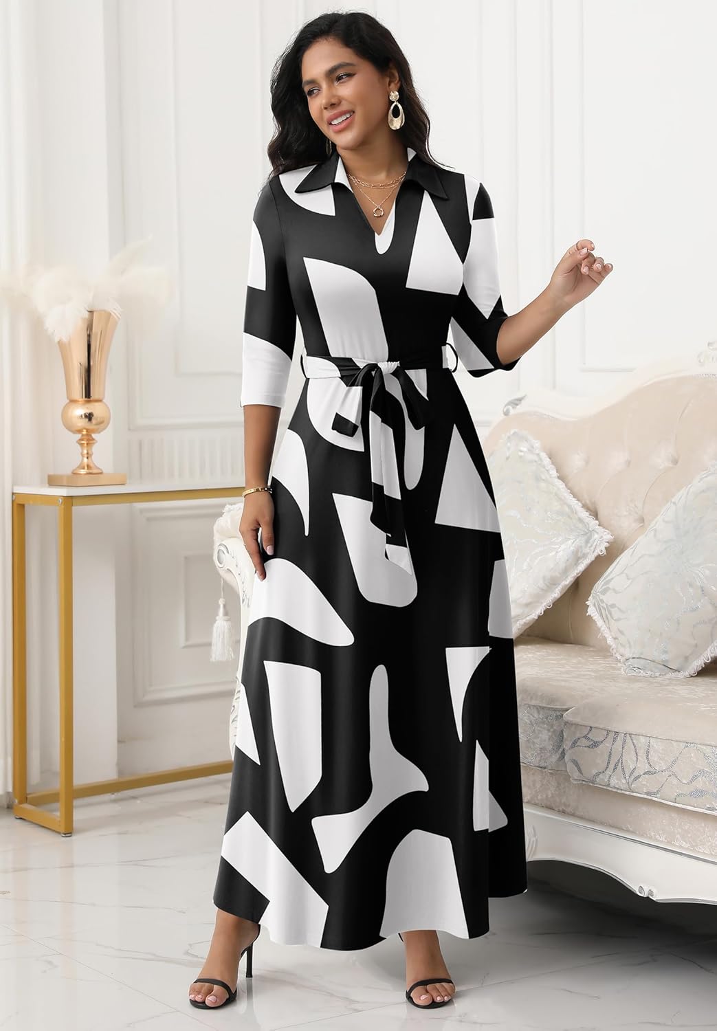 FANDEE Maxi Dresses for Women V Neck Casual A-line Dress 3/4 Sleeve Semi Formal Dress for Women - Image 2