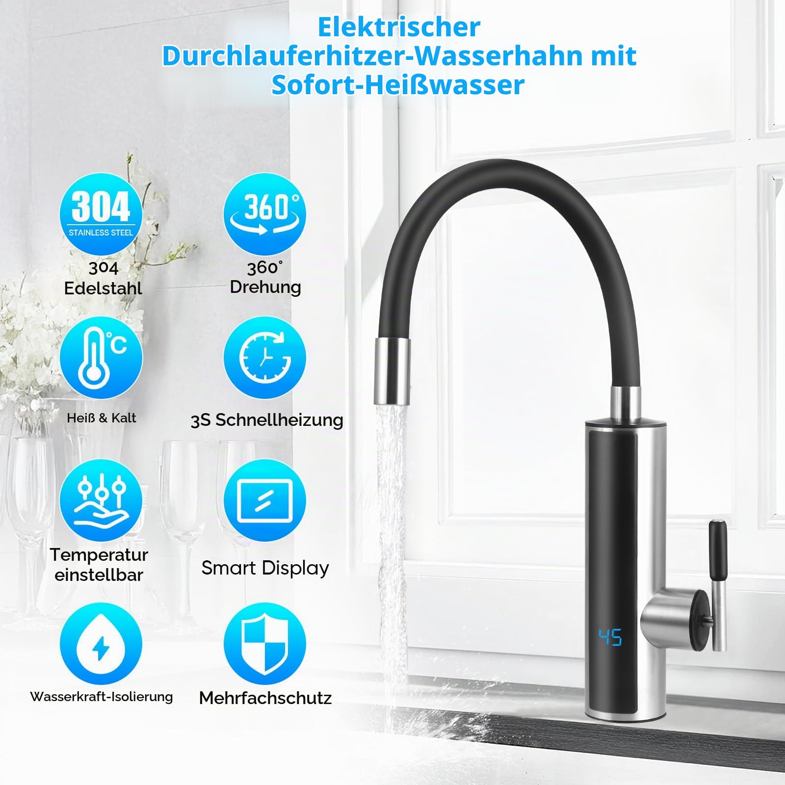 Elektrisch Wasserhahn mit Durchlauferhitzer 230V | LED Temperaturanzeige | 360º Misch Drehung Küchenarmatur | 304 Edelstahl Armatur, für Küche, Bad, Wohnwagen, Camping