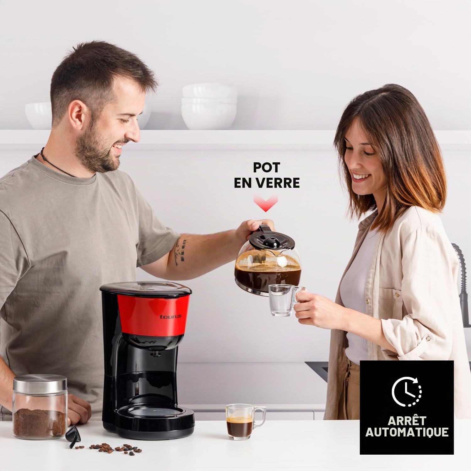 TAURUS – Cafetière filtre Verona Vintage Red | 12 tasses | 1000 W | Carafe en verre graduée | Réservoir d’eau visible | Filtre réutilisable | Arrêt automatique | Plaque chauffante