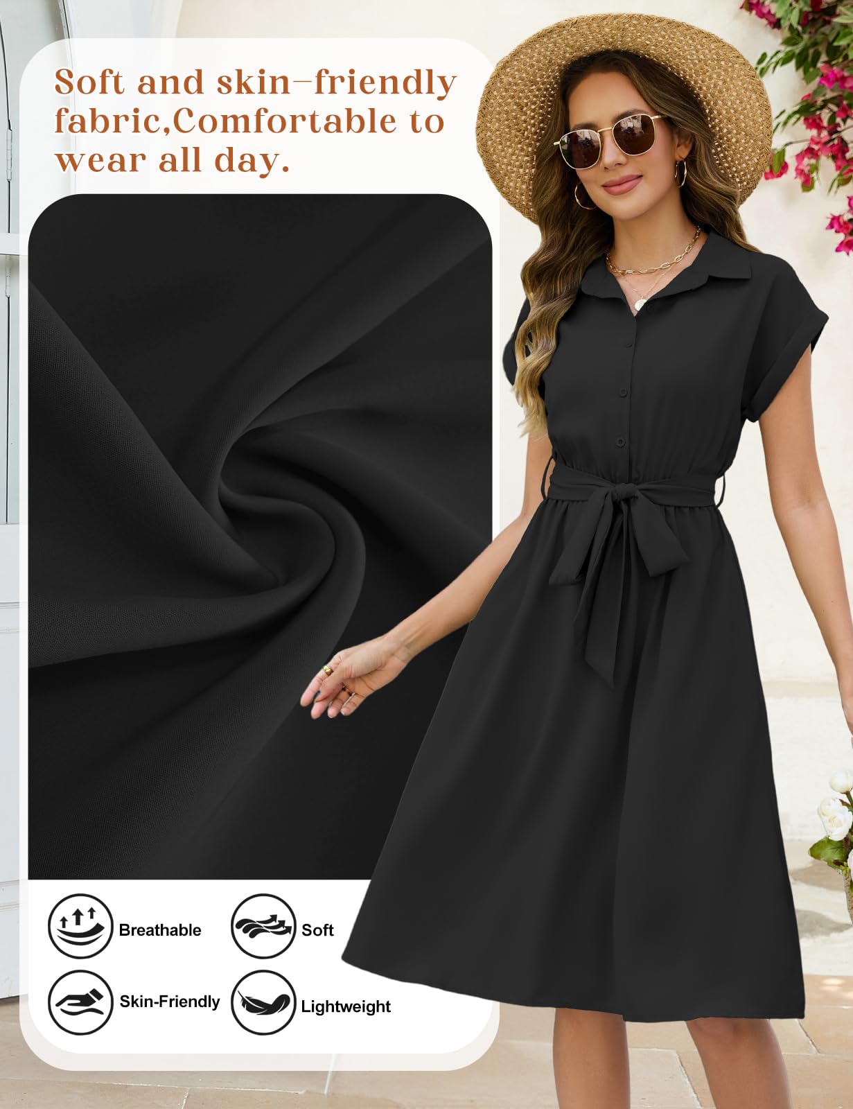 HEEKPEK Vestito Donna Estivo Manica Corta Casual Abito Scollo a V Vita Alta A Line Abiti Lungo Elegante Abito Camicia Colori Solidi Vestiti con Tasche e Cintura