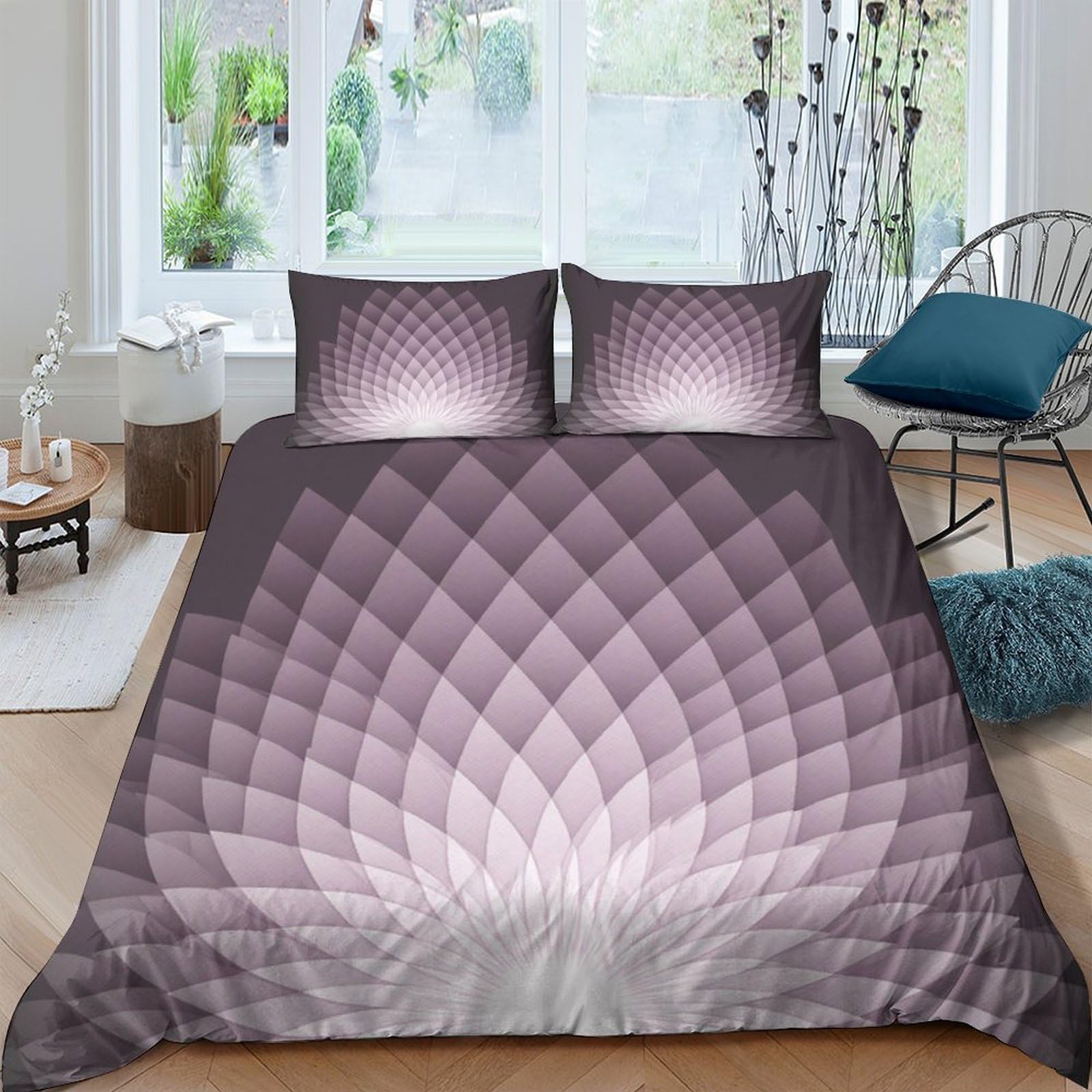 Ctjqhvkz Style-8 3D Printed Geometric Lotus Fitted Sheet Microfiber Soft Grey Ombre Mattress Cover Bedroom Dorm Decor Protection Single（135X200cm）