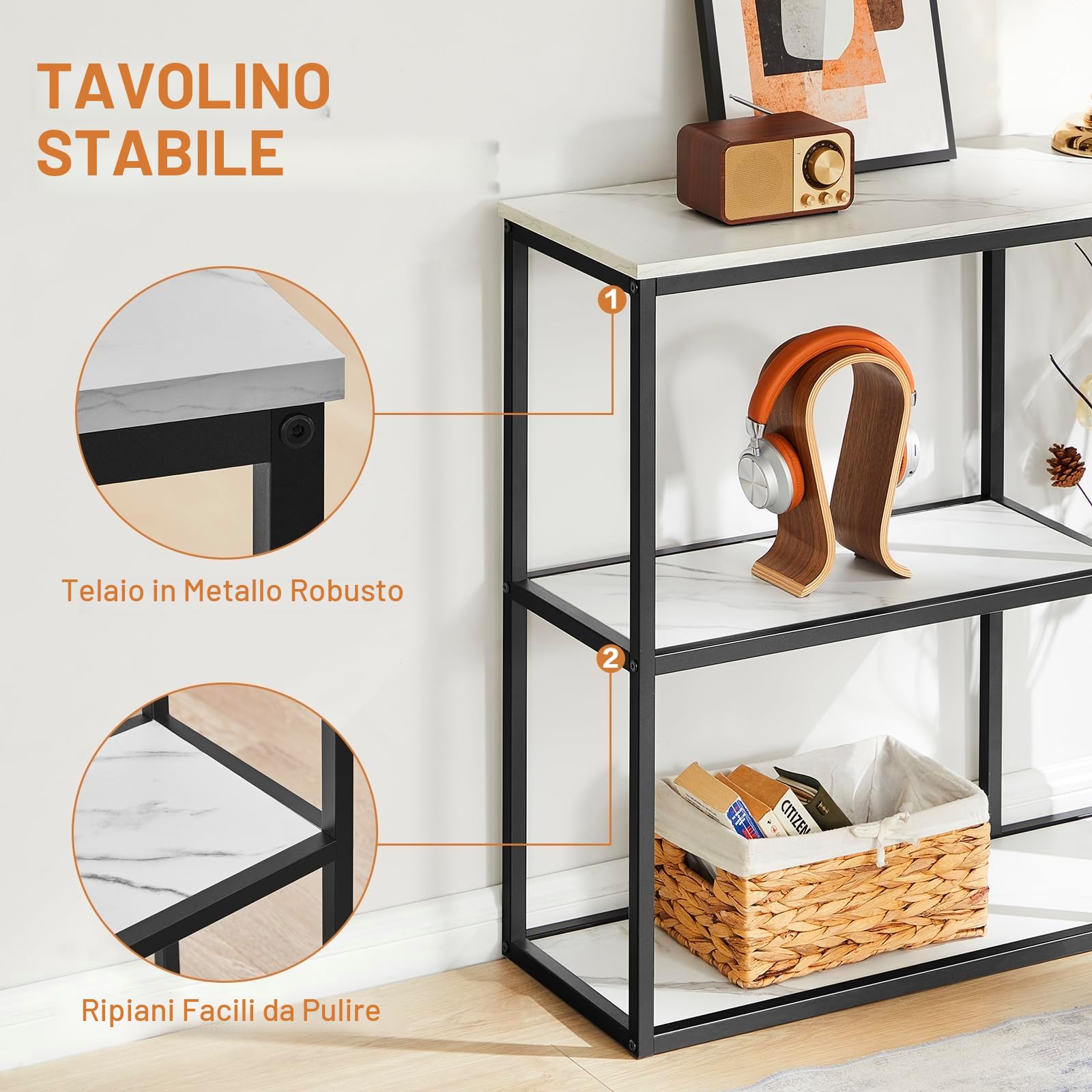 WOHOMO Tavolo consolle da ingresso stretto da 30 cm, per soggiorno, 80 cm, moderno, industriale, con ripiani portaoggetti a 3 ripiani, per corridoio, corridoio, marmo bianco