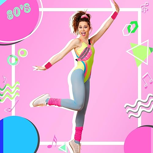 Miniatura 6 de Juego de accesorios para disfraz de entrenamiento de neón de los años 80, 10 unidades, calentadores de piernas para mujer, diadema de los años 80,