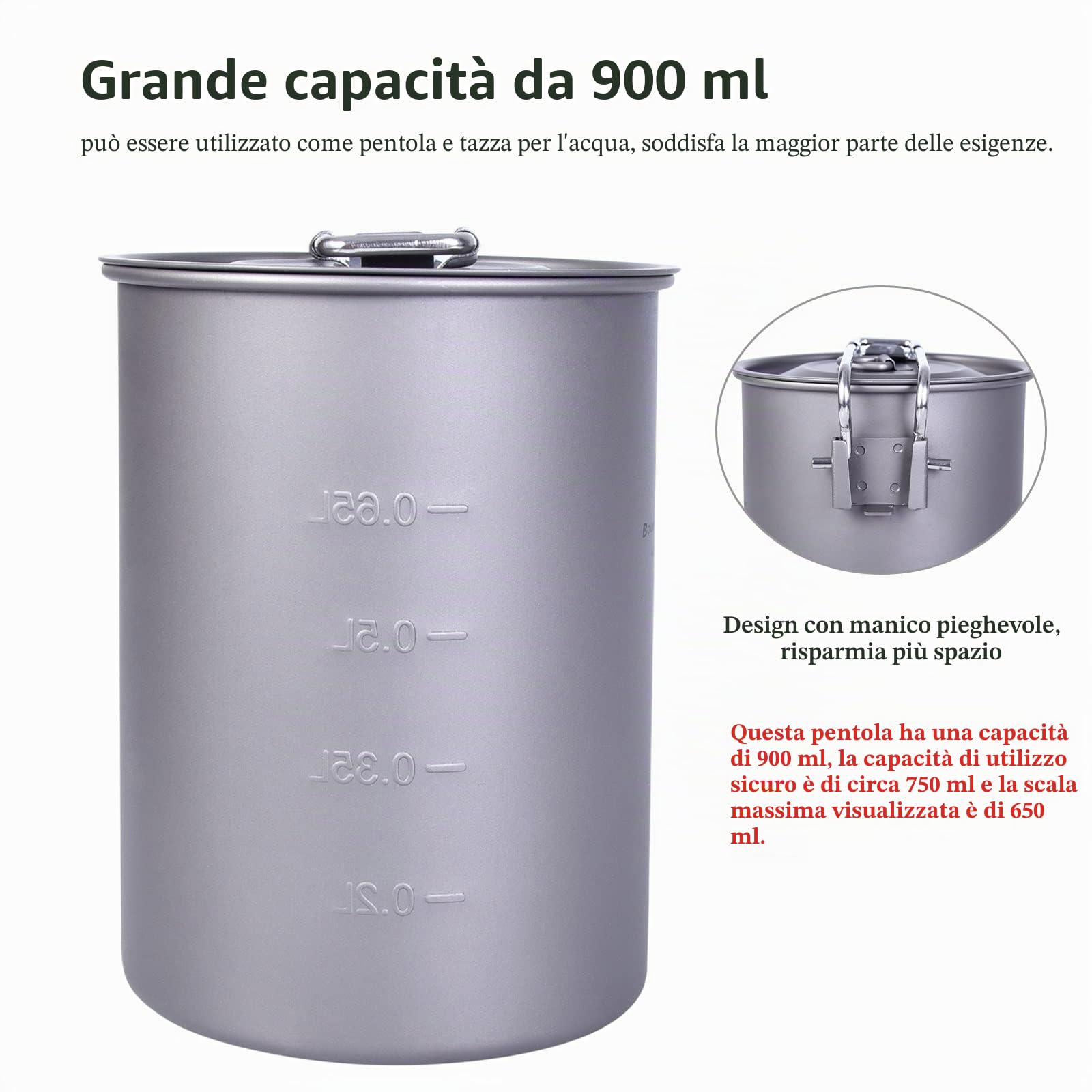 iBasingo Tazza in Titanio Vaso da Campeggio con Coperchio e Maniglia Pieghevole Pentole da Picnic per Picnic Ultraleggero da Esterno 300ml/420ml/600ml/750ml/900ml/1100ml/1250ml