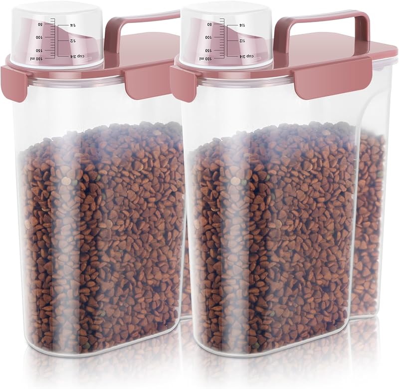 Recipiente Hermético para Armazenar Alimentos de Cães, Gatos e Aves LEAWALK com Bico Grande e Alça Rose Pink 5 L – Pacote com 2