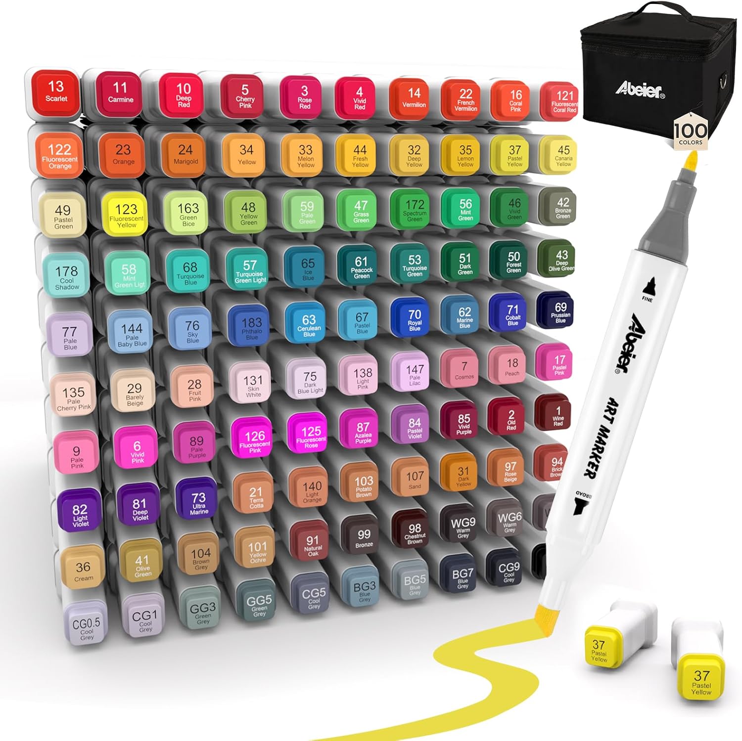 ABEIER Alcohol Markers, 100 Colors Dual Tip - Chisel& Fine, Coloring Markers Perfect for Adults, Ideal For Book Drawing Sketching Painting, Card Making